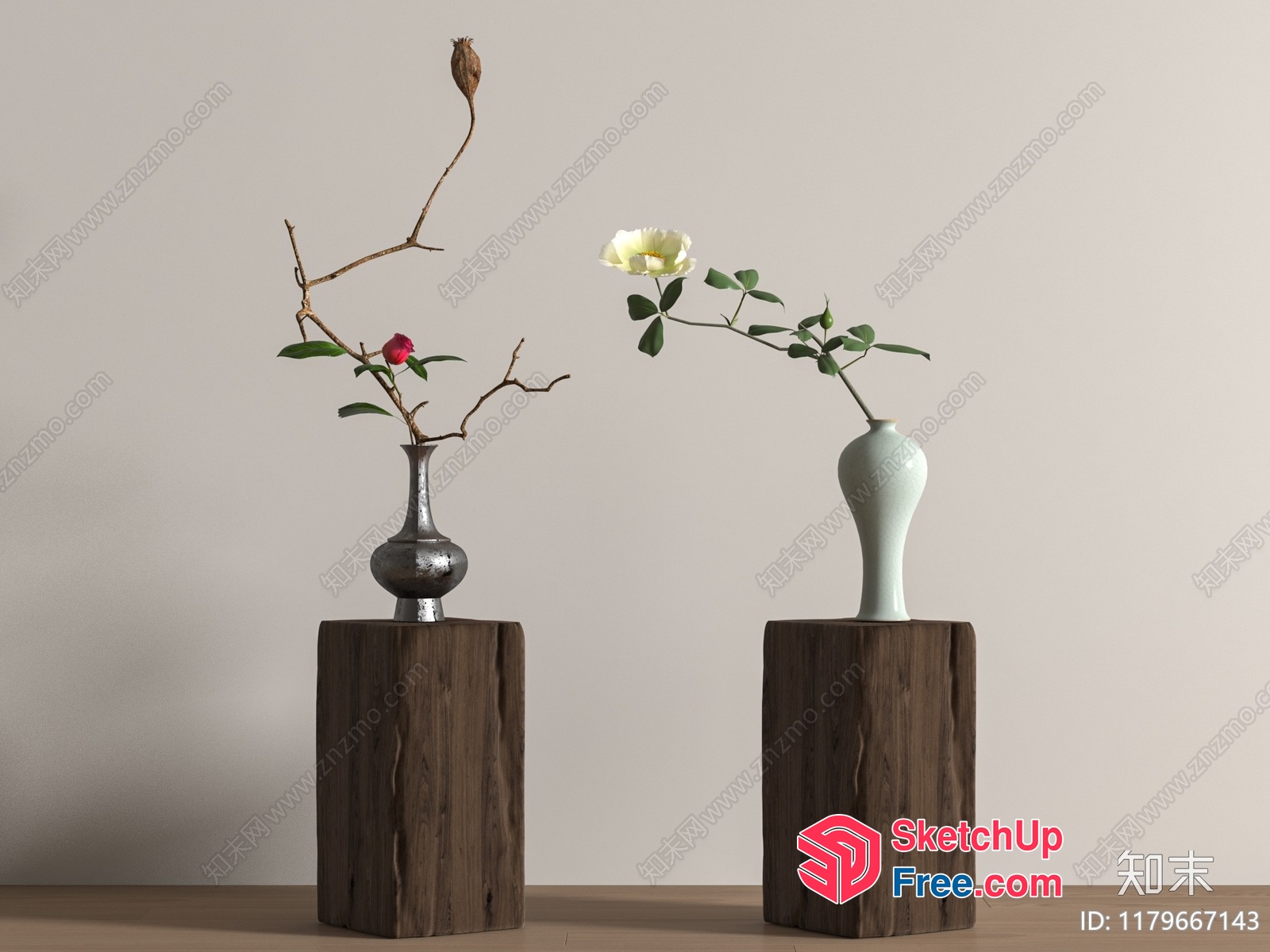 Two Vases And Two Flowers On Wooden Pedestals 3D SketchUp File