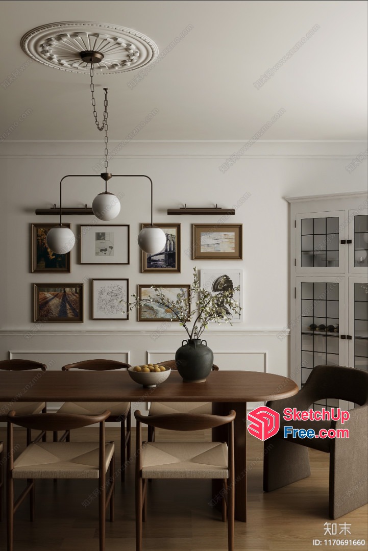 Elegant Dining Room With White Walls And Wood Furniture 3D SketchUp File