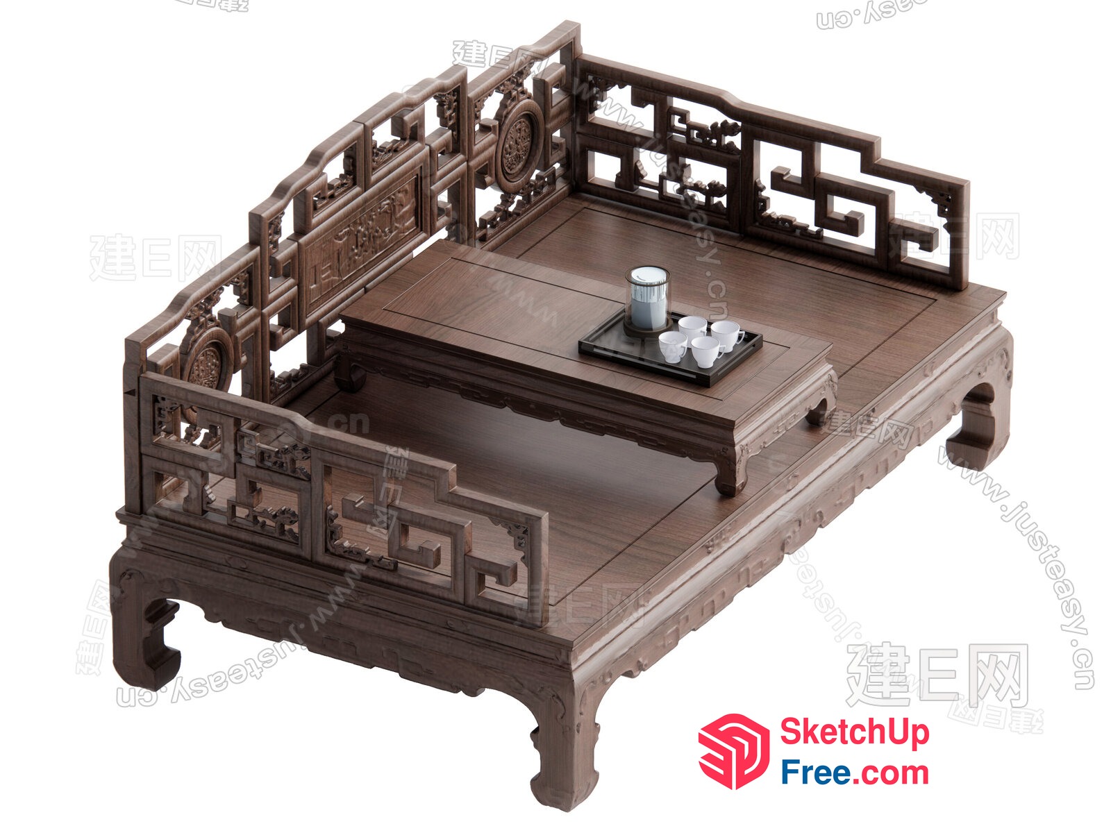 Exquisite Carved Wood Coffee Table Set 3D SketchUp File