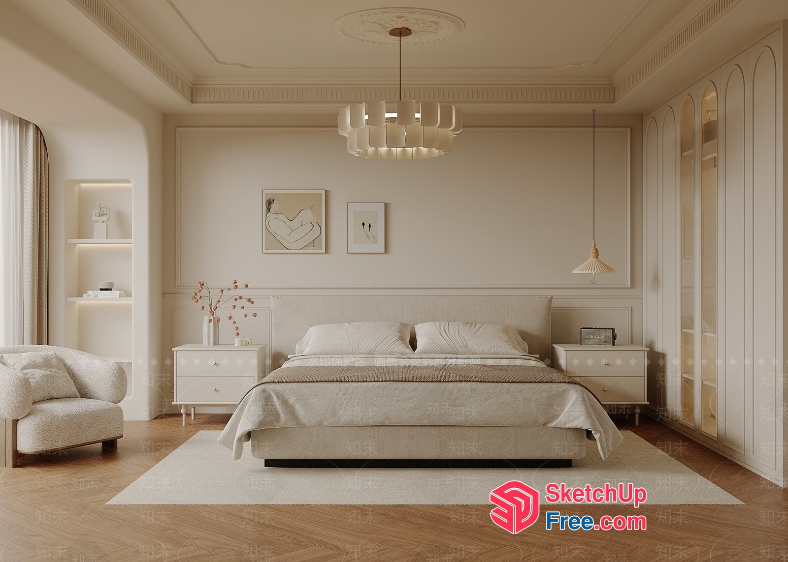 Modern Minimalist Bedroom With Creamy White Decor 3D SketchUp File