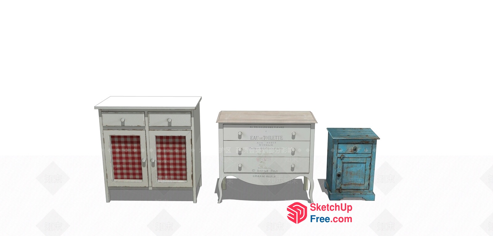 Vintage White Dresser With Red Plaid Curtains 3D SketchUp File