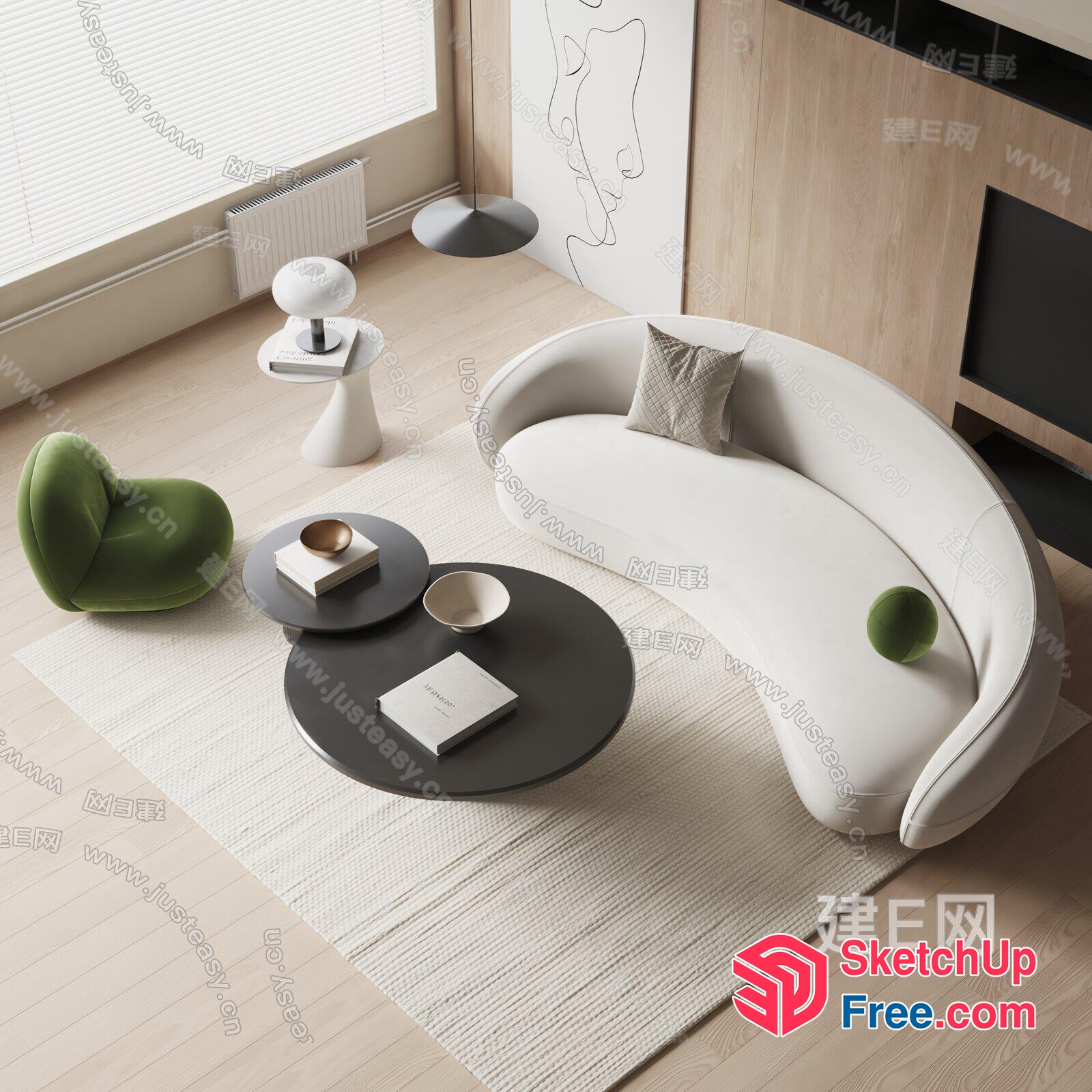 Minimalist Modern Living Room With White Sofa And Green Chair 3D SketchUp File