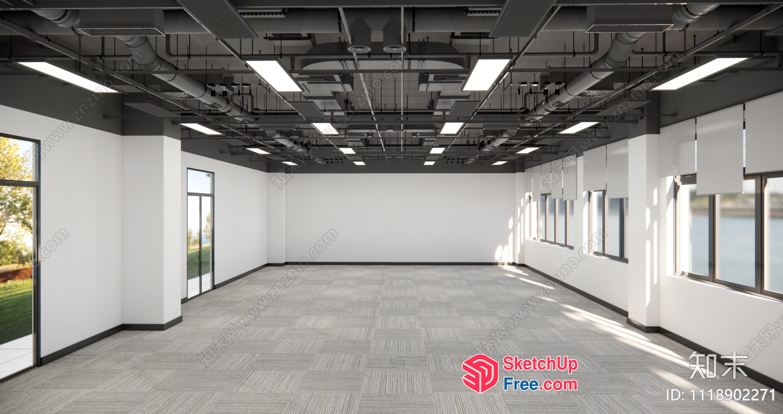 Modern Office Building Interior With Large Windows And White Walls 3D SketchUp File