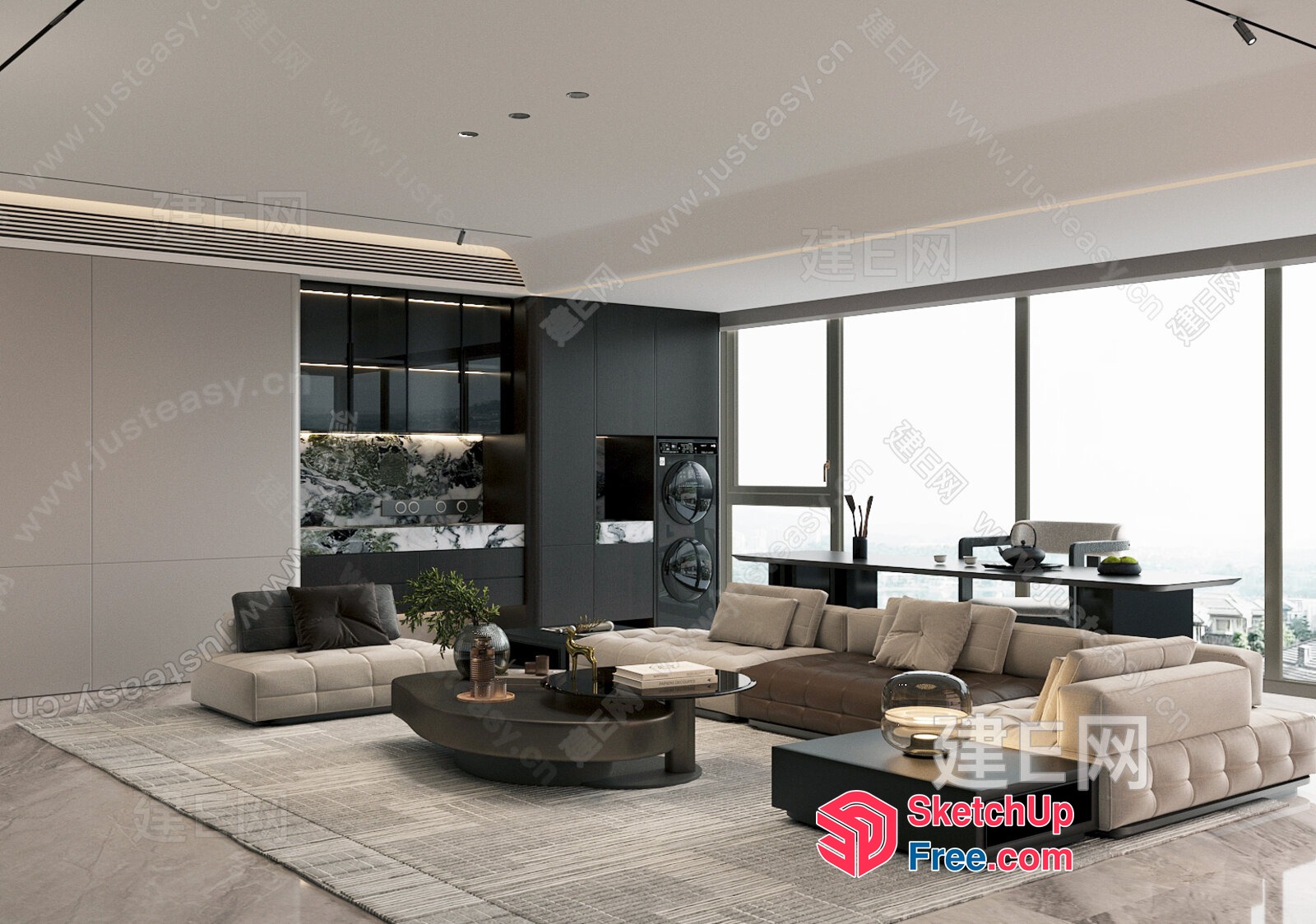 Modern Minimalist Living Room With Large Windows 3D SketchUp File