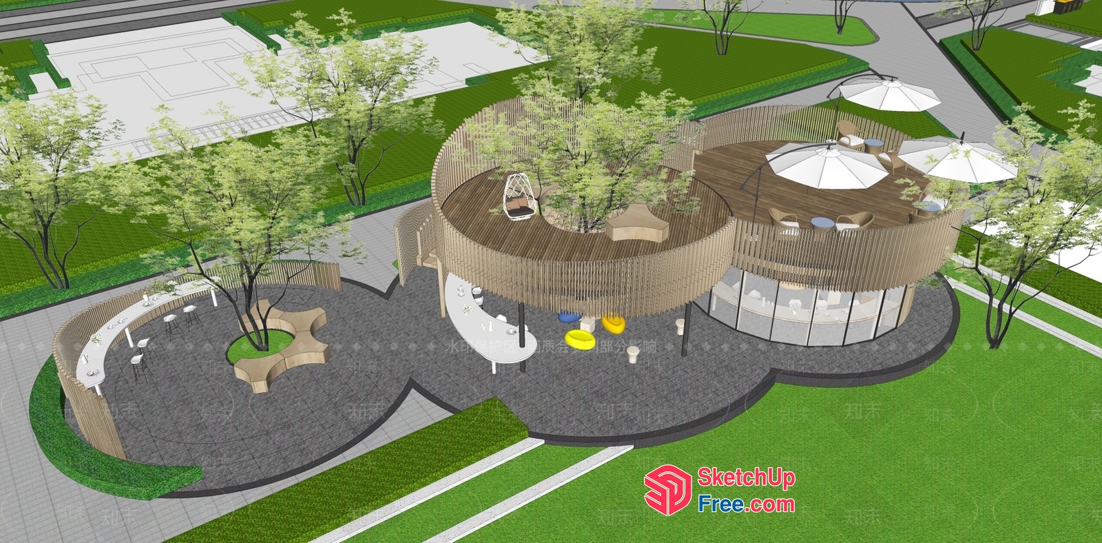 Modern Outdoor Living Space With Curved Furniture And Umbrellas 3D SketchUp File