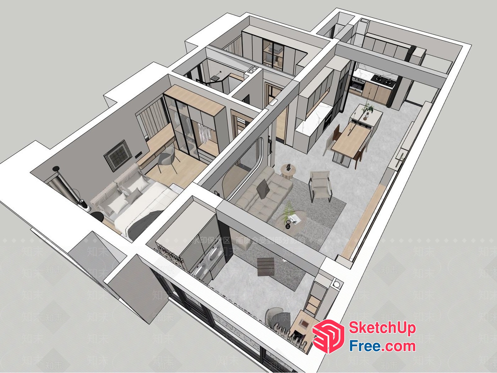 Modern Minimalist Open-Plan Living Space 3D SketchUp File