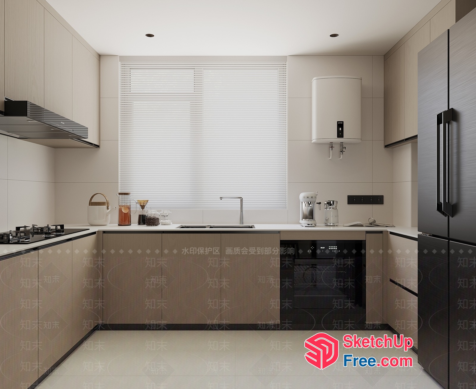 Modern Kitchen With White Countertops And Beige Cabinets 3D SketchUp File