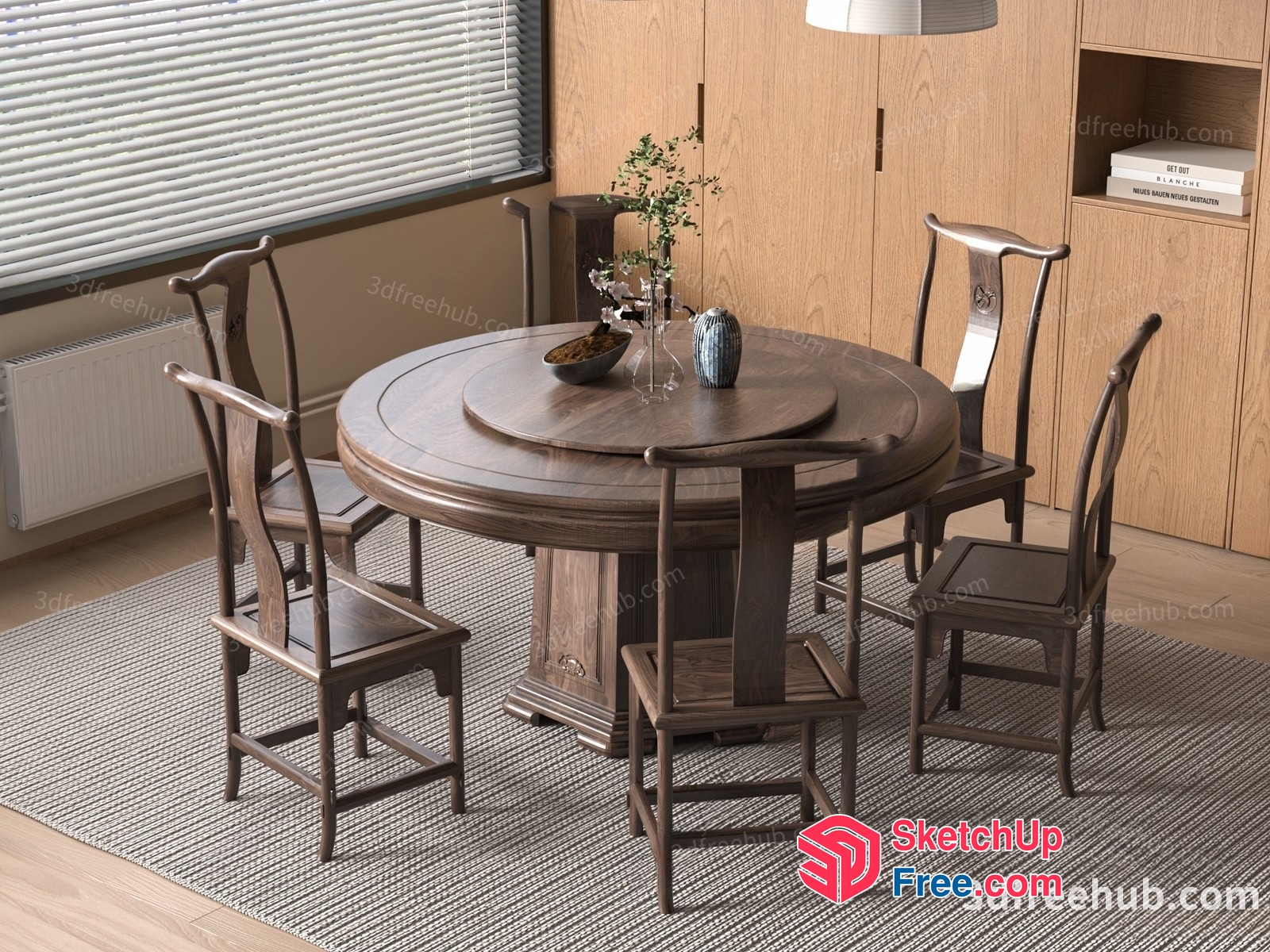 Round Wooden Dining Table With Four Chairs 3D SketchUp File