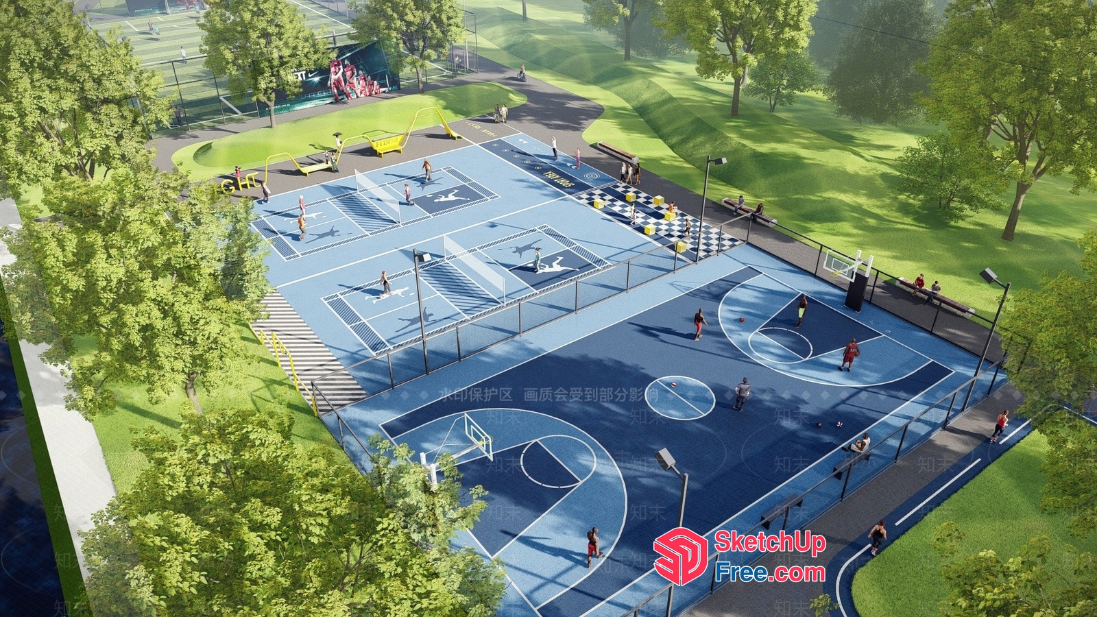 Outdoor Basketball Court With Benches And Trees 3D SketchUp File