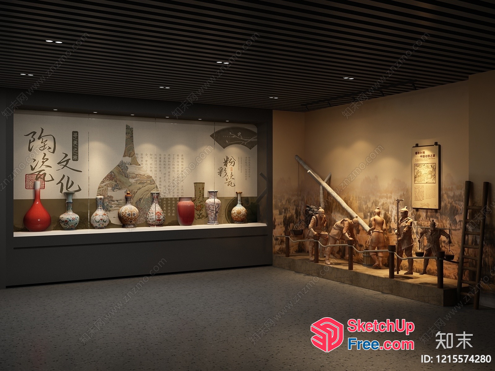 Museum Display Case With Asian-Inspired Artifacts And Statues 3D SketchUp File