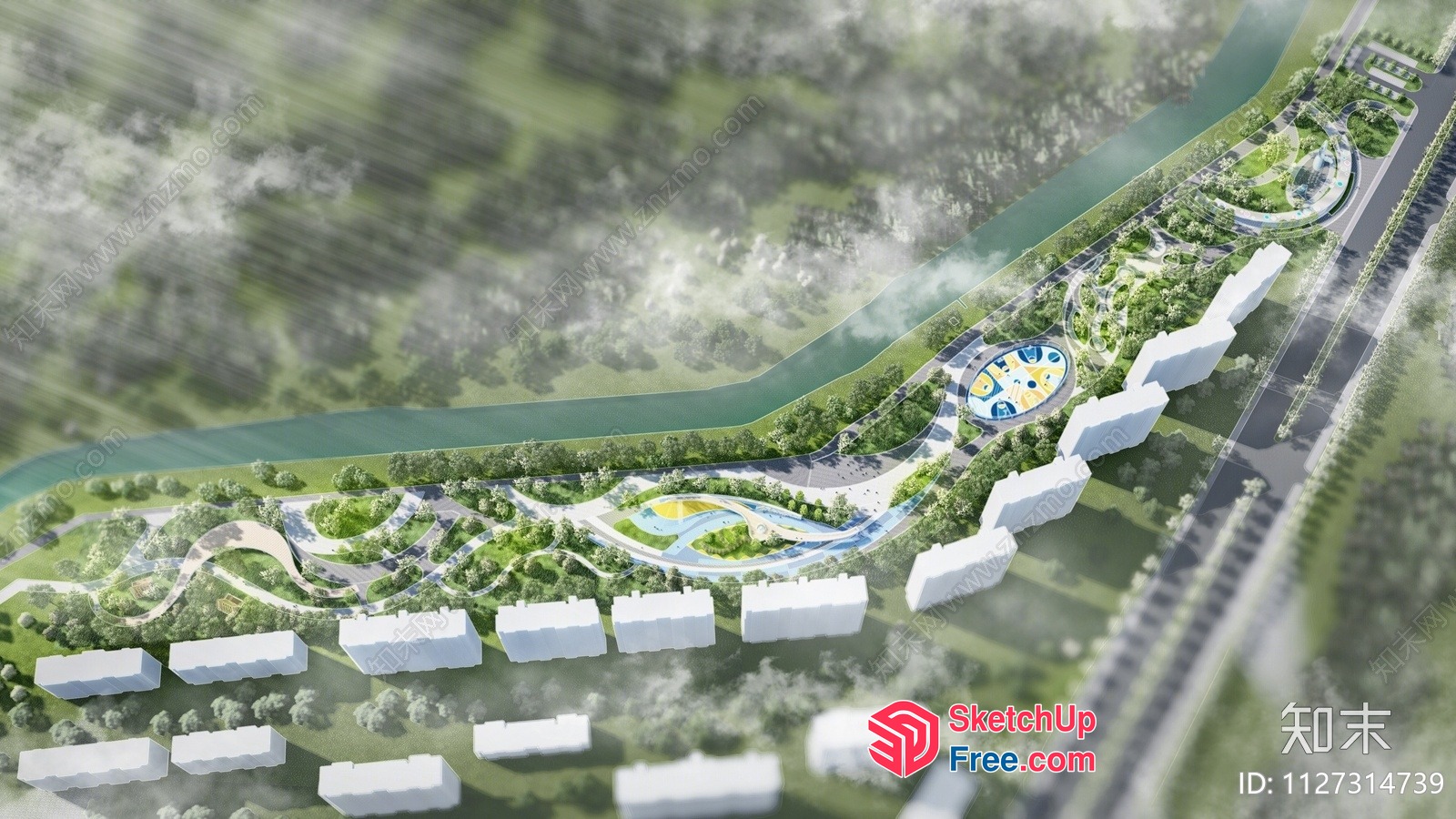 3D Rendering Of A Modern Park With A River And Buildings 3D SketchUp File