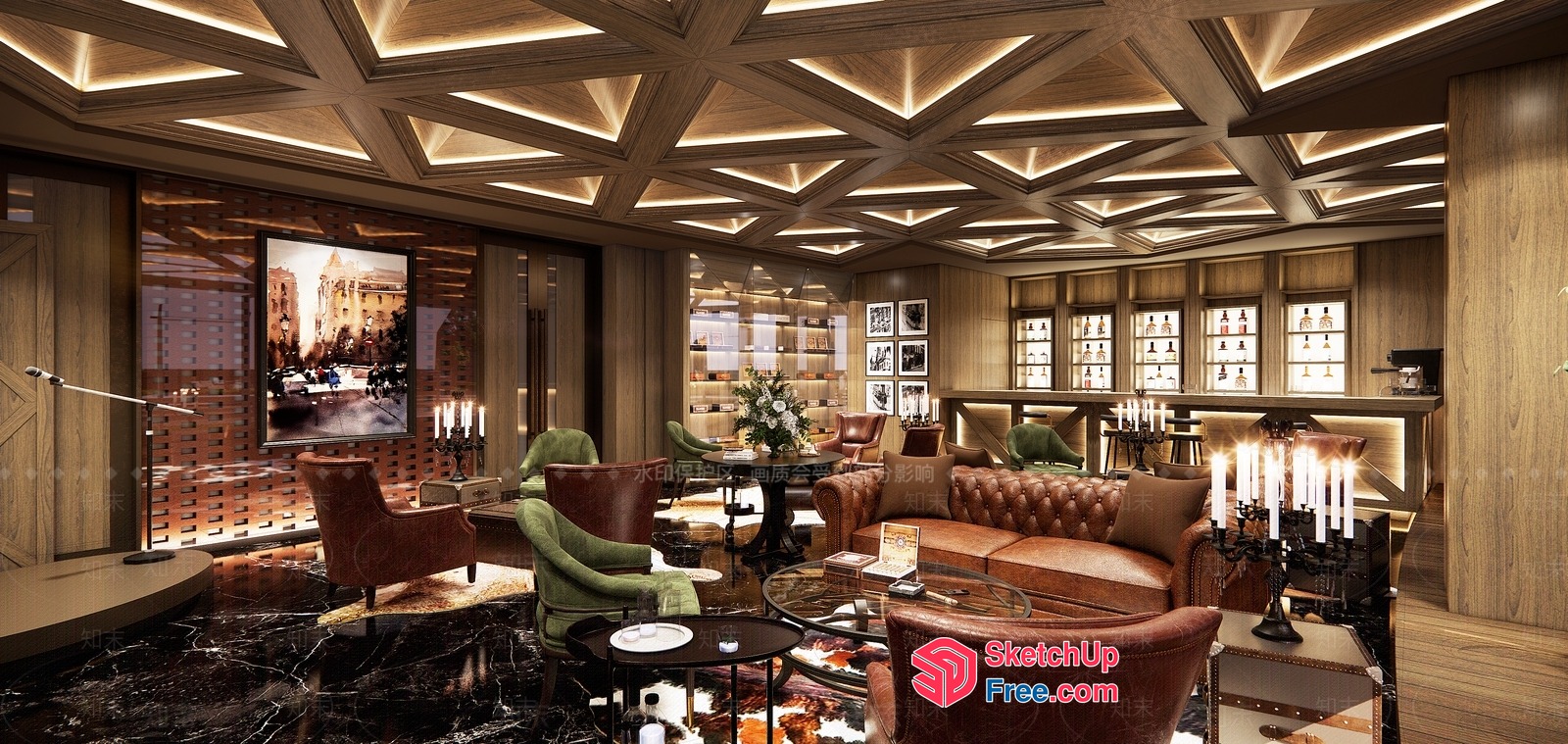 Luxurious Living Room With Classic Moulding And Leather Furniture 3D SketchUp File