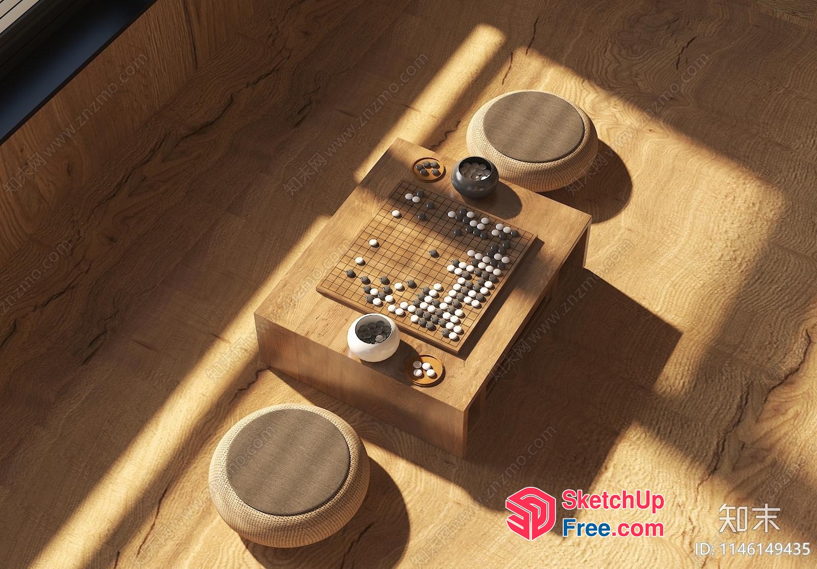 Sunlit Wooden Table With Go Board And Stools 3D SketchUp File