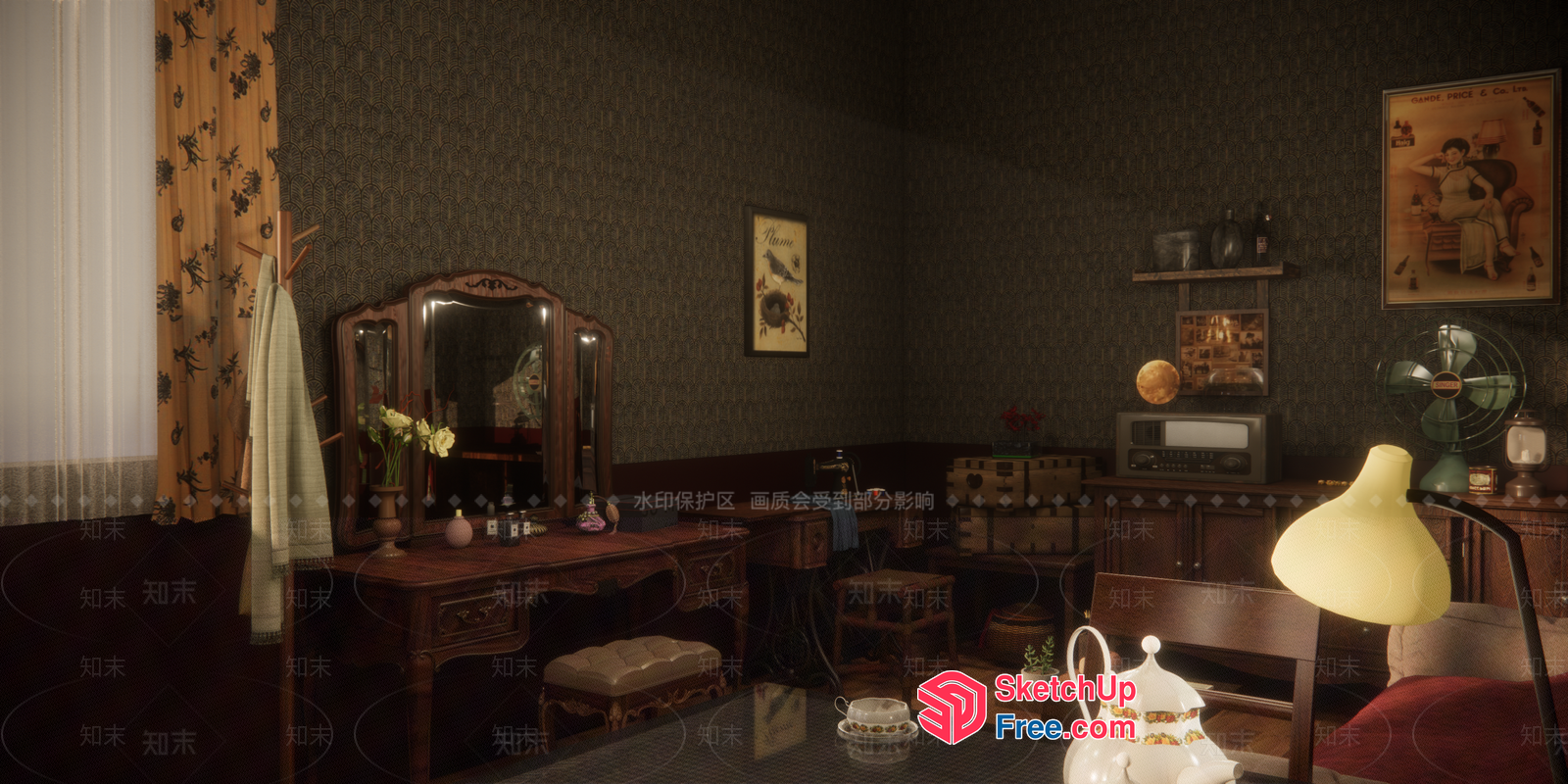 Elegant Dark Wood Dressing Table With Mirror 3D SketchUp File