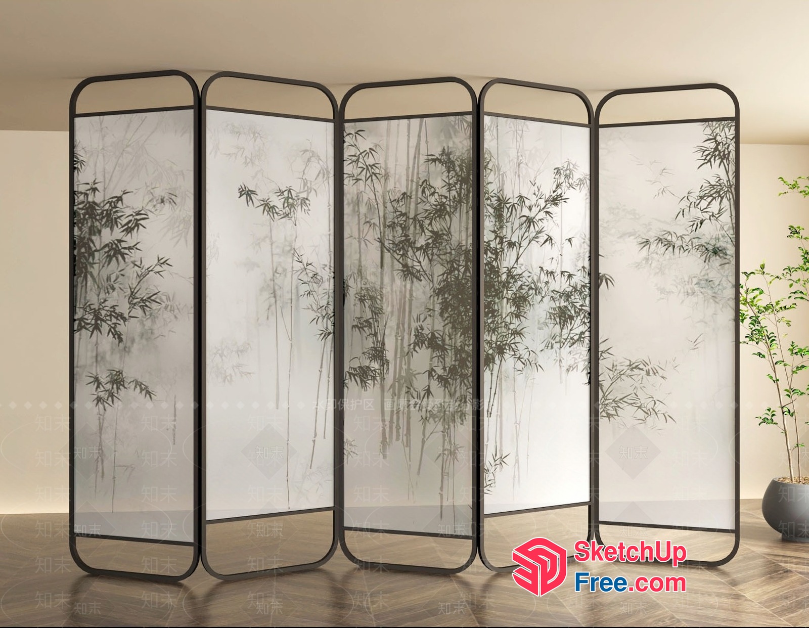 Elegant Partition Screen With Bamboo And Tree Design 3D SketchUp File