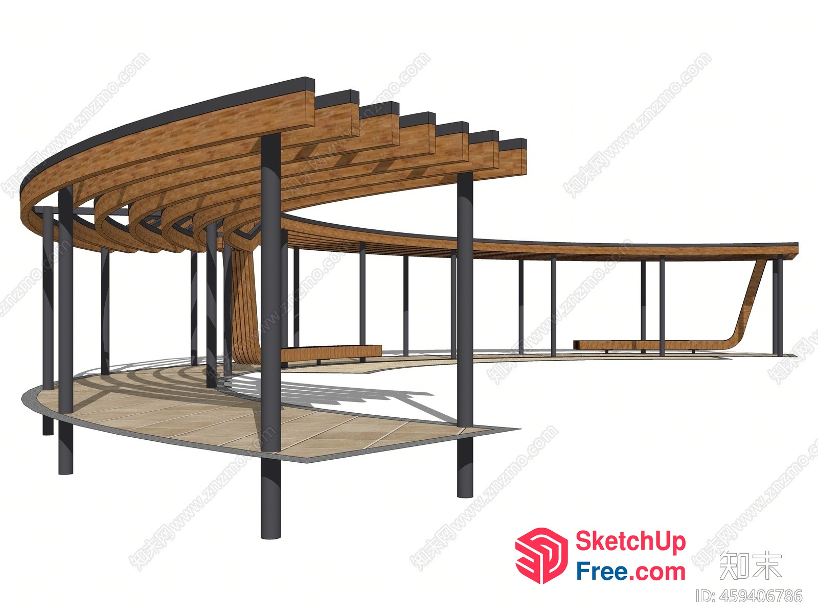 Curved Wooden Structure With Pillars And Railing 3D SketchUp File