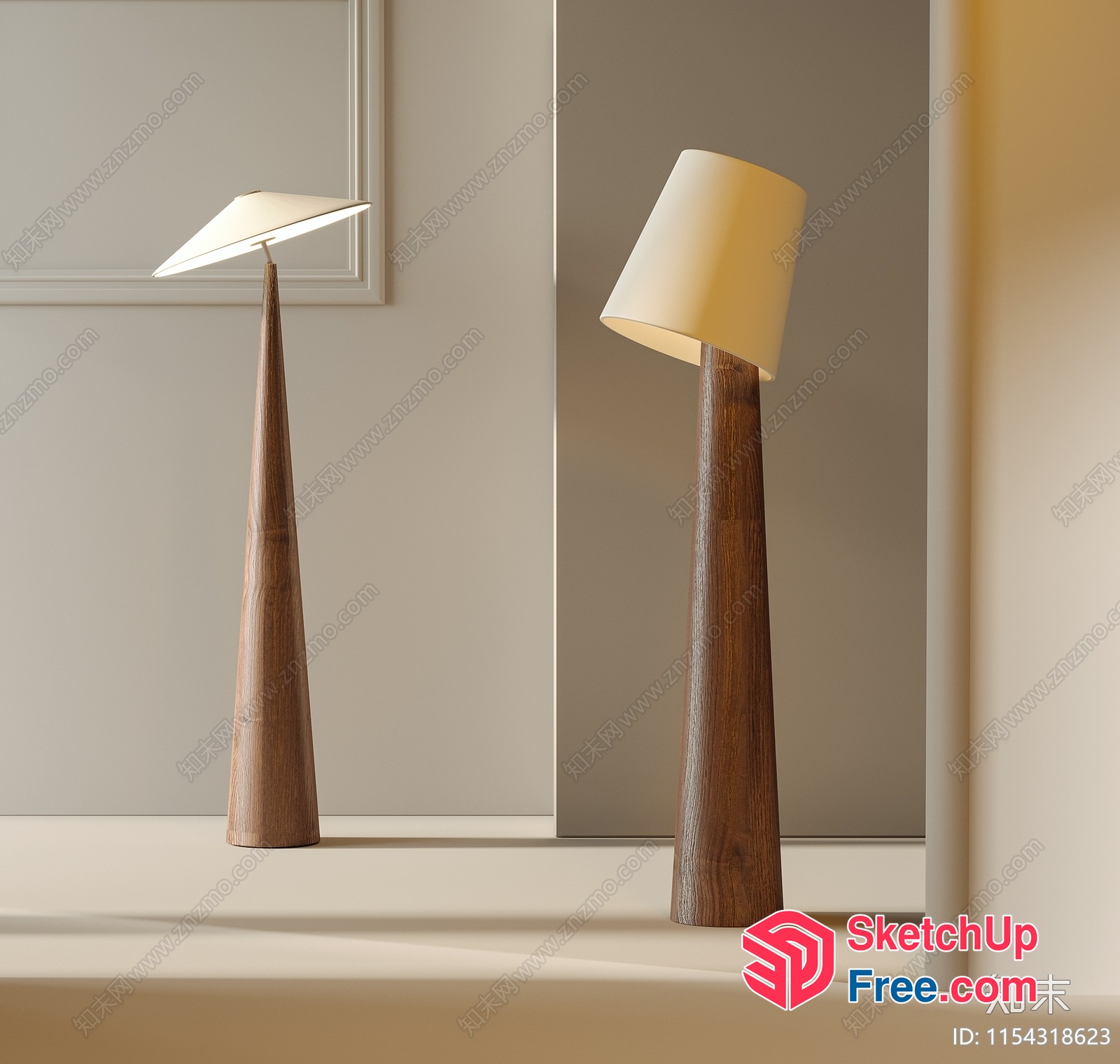 Modern Minimalist Wooden Floor Lamps With Creamy Shades 3D SketchUp File