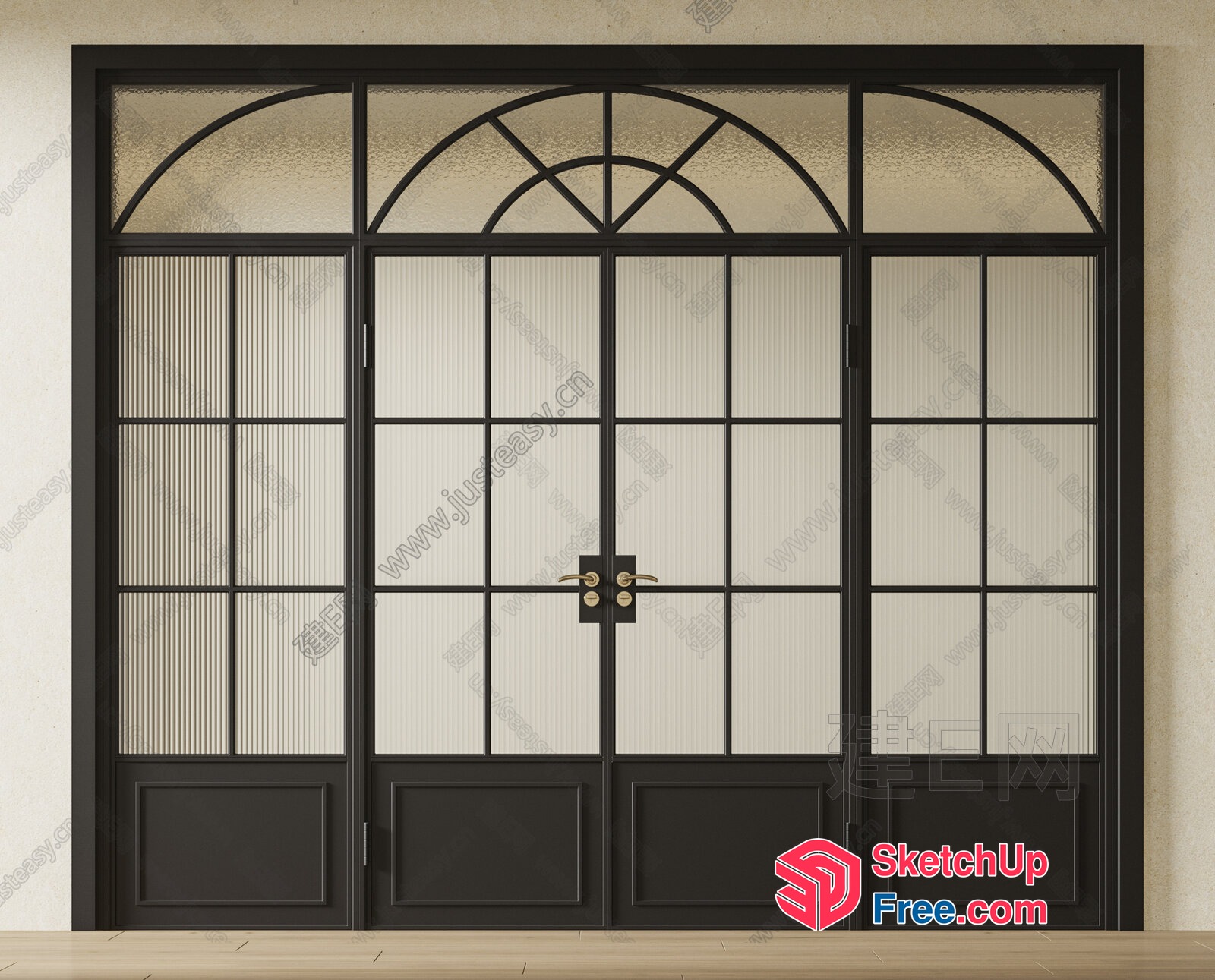 Black Metal Door With Glass Panels And Decorative Arch 3D SketchUp File