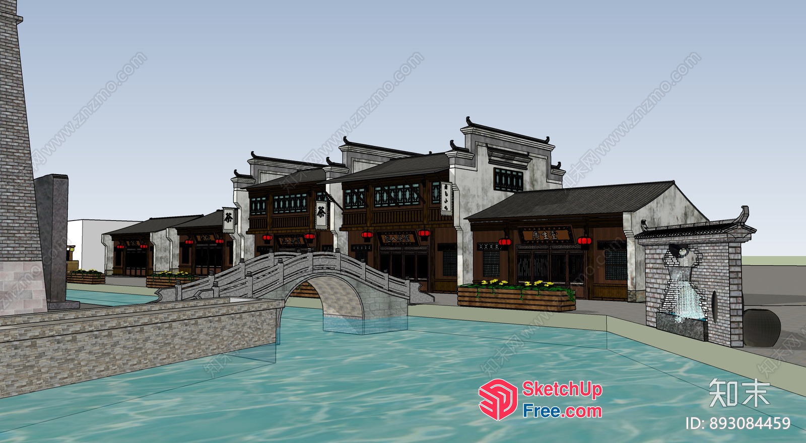 Traditional Asian Architecture With Bridge And Waterway 3D SketchUp File