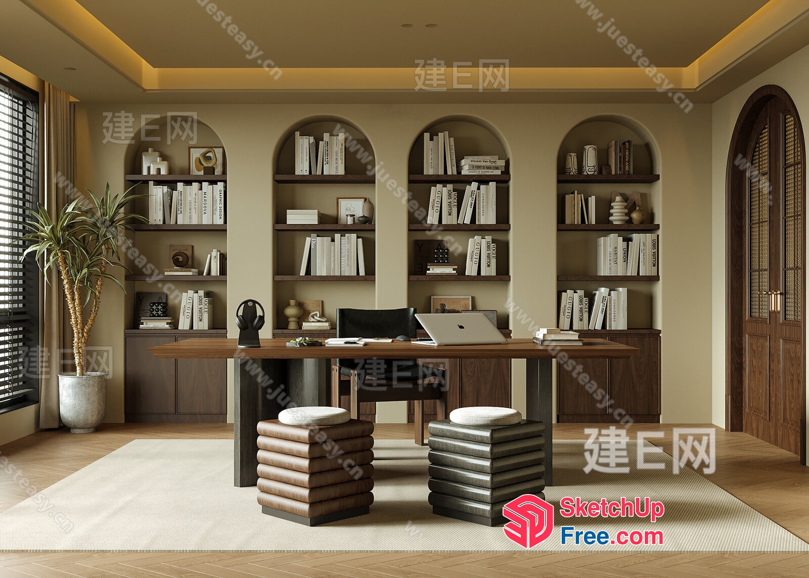 Elegant Office Space With Arched Bookshelves And Natural Lighting 3D SketchUp File