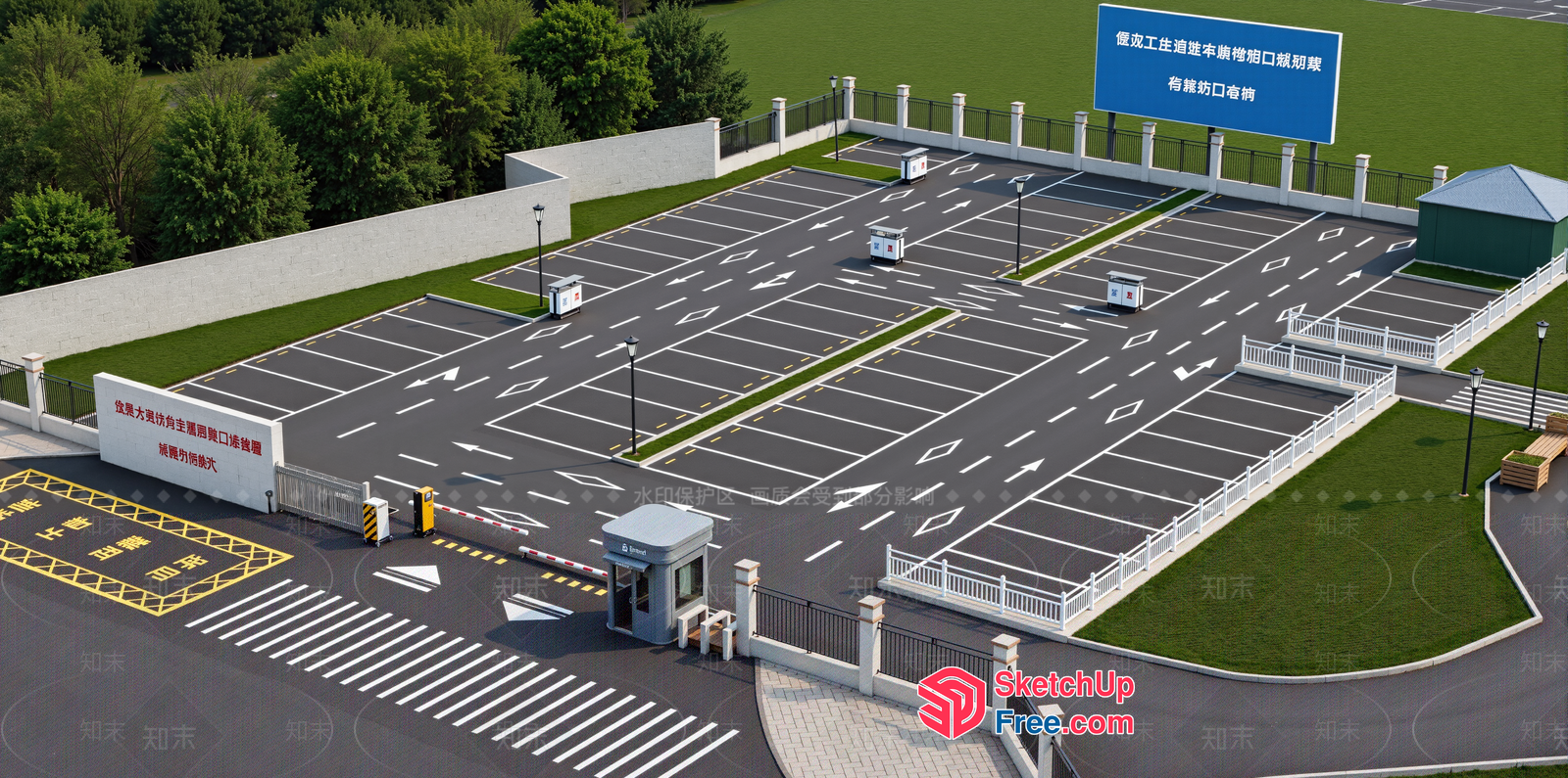 Parking Lot Entrance With Security Booth And Sign 3D SketchUp File