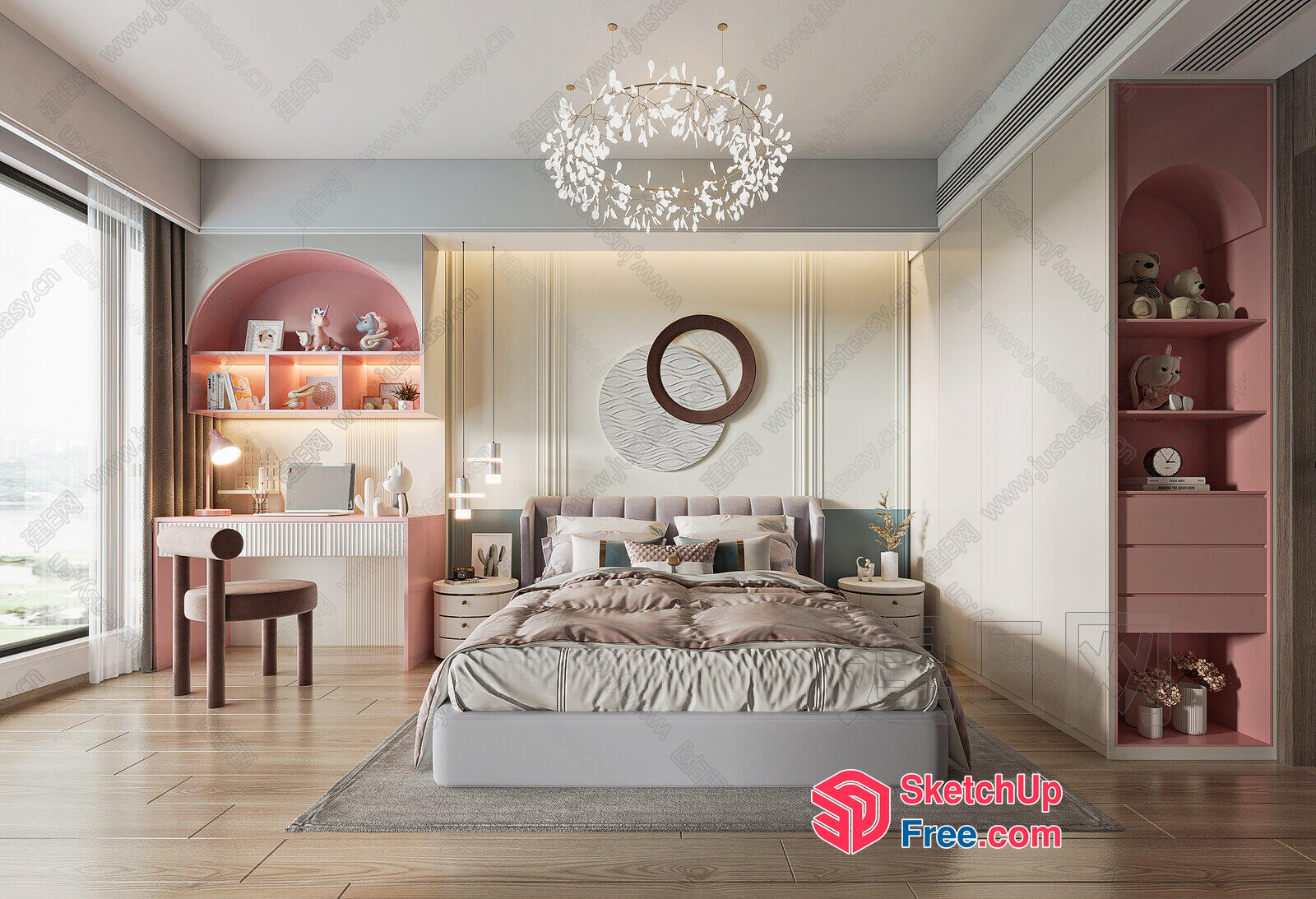 Modern Pastel Bedroom With Elegant Chandelier 3D SketchUp File