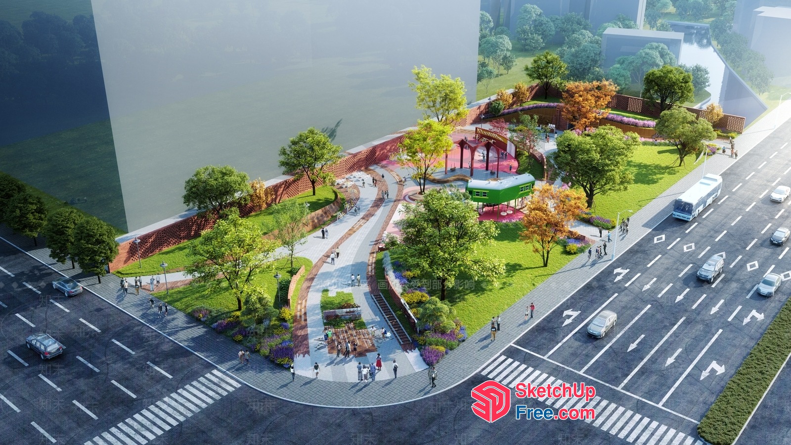 3D Rendering Of A Modern Street Scene With A Park And Buildings 3D SketchUp File