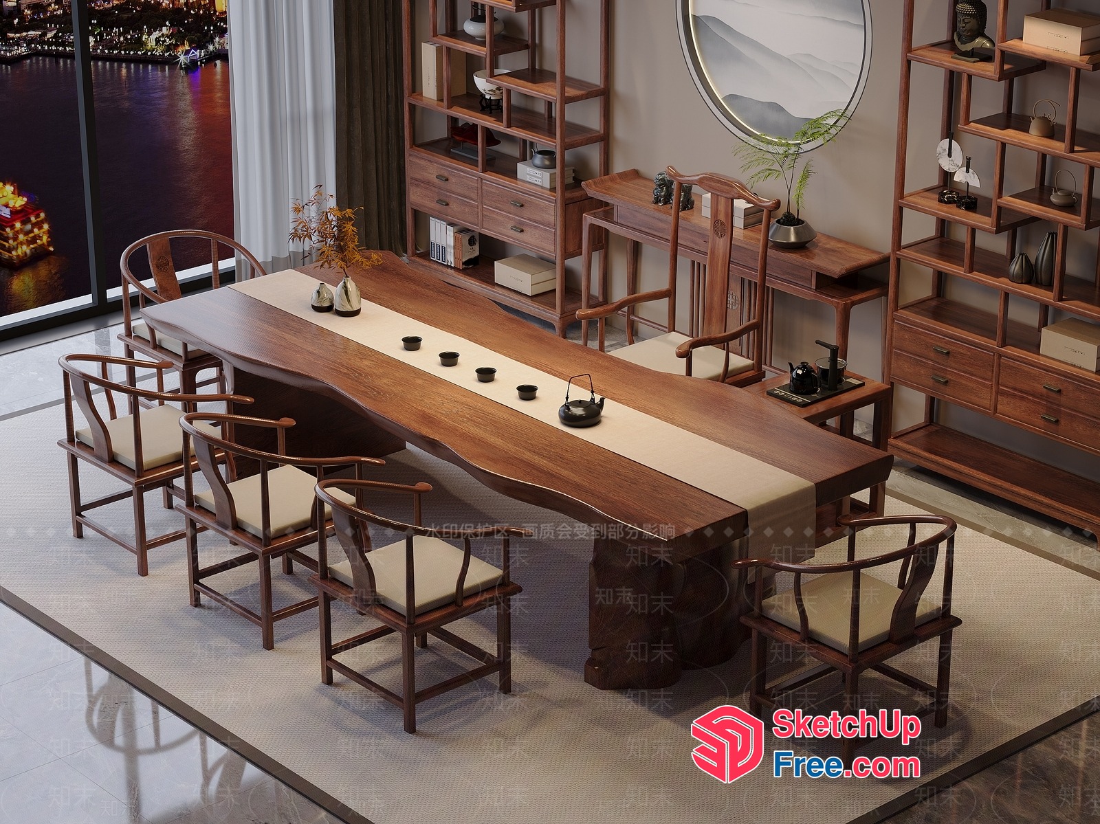 Elegant Asian-Inspired Dining Room With Traditional Wooden Furniture 3D SketchUp File