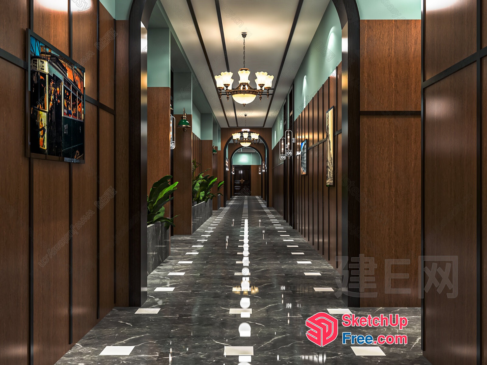 Elegant Hallway With Marble Floor And Wood Paneling 3D SketchUp File