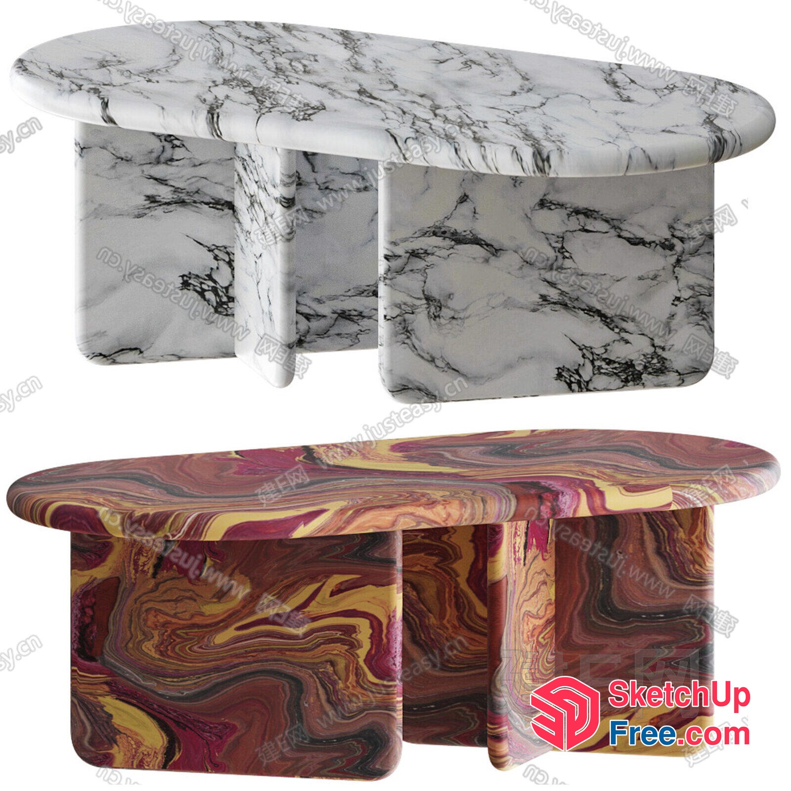 Marble-Style Table And Bench Set 3D SketchUp File