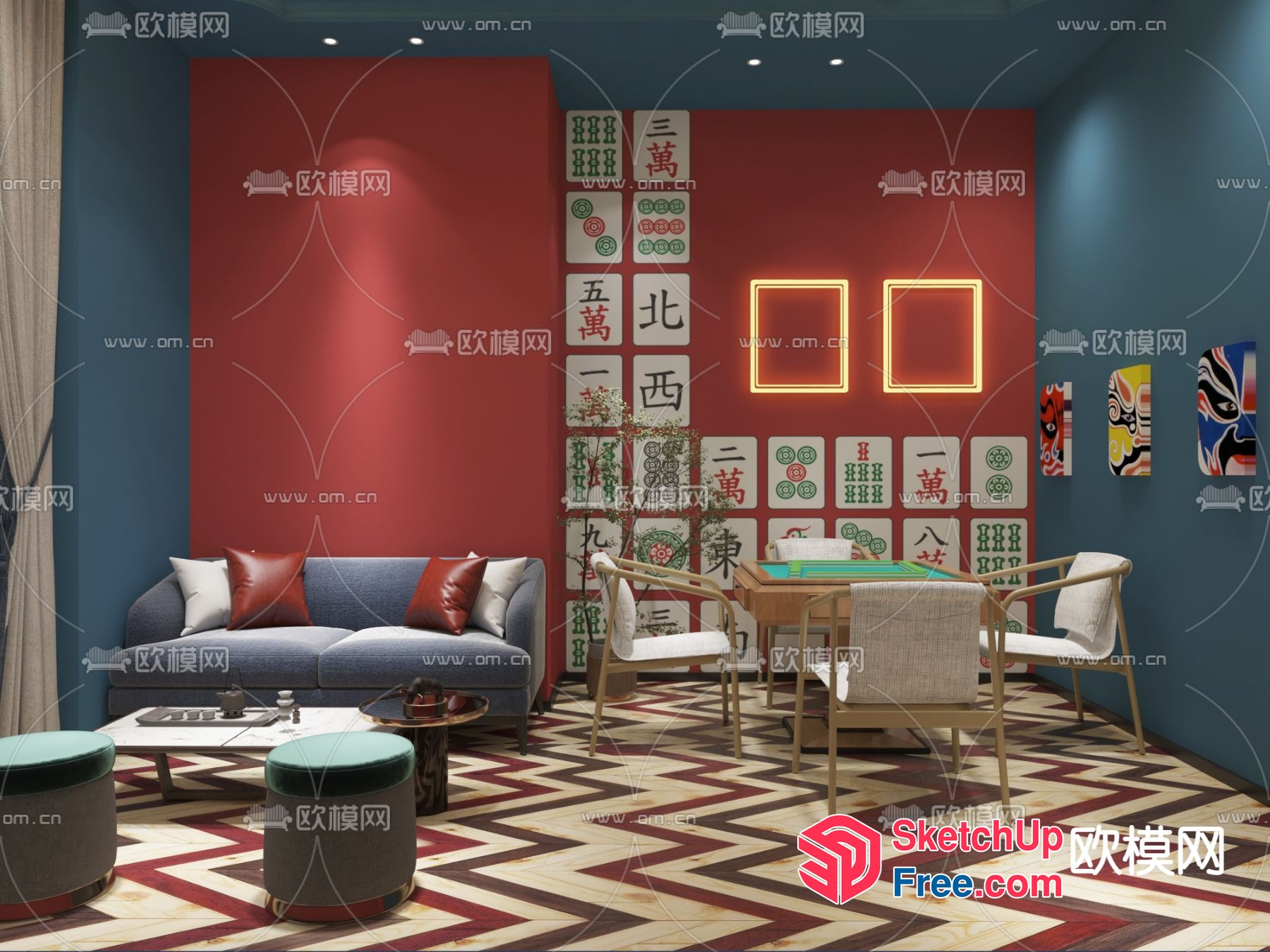 Modern Asian-Style Living Room With Mahjong Table 3D SketchUp File