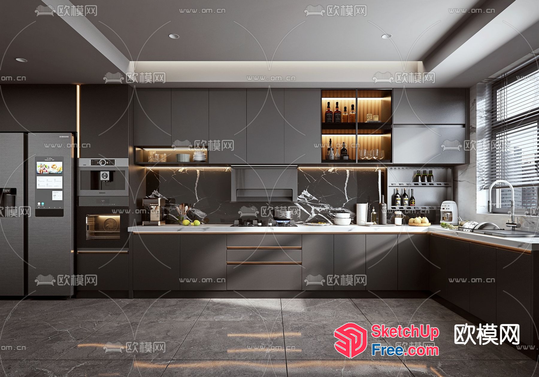 Modern Kitchen With Sleek Dark Cabinets And White Countertops 3D SketchUp File
