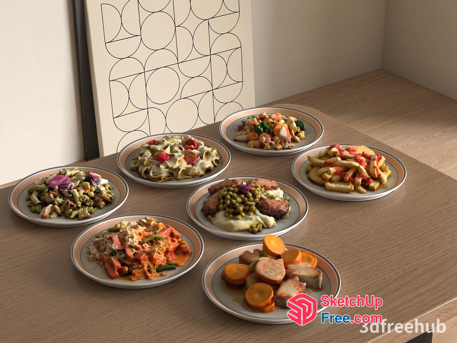3D Rendered Plates Of Food On A Table 3D SketchUp File
