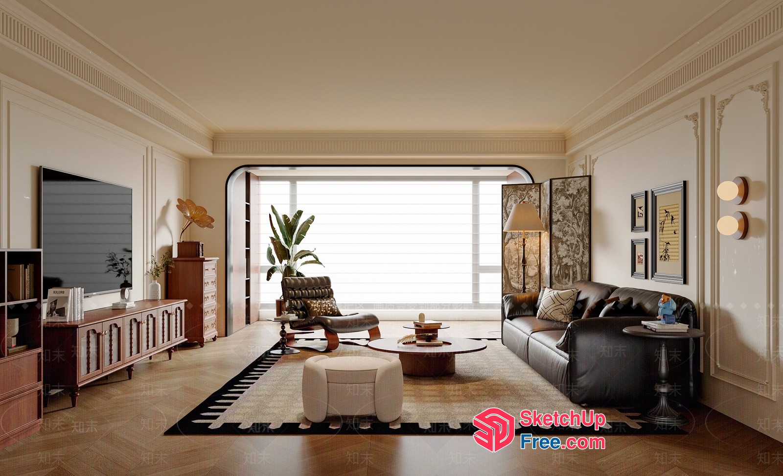 Elegant Living Room With Classic Moulding And Leather Sofa 3D SketchUp File