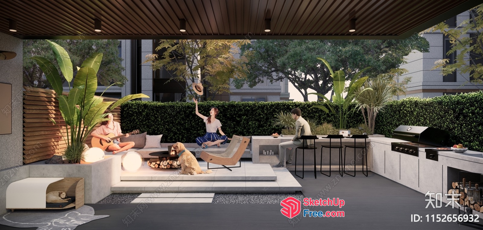 Outdoor Living Space With Modern Furniture And Greenery 3D SketchUp File