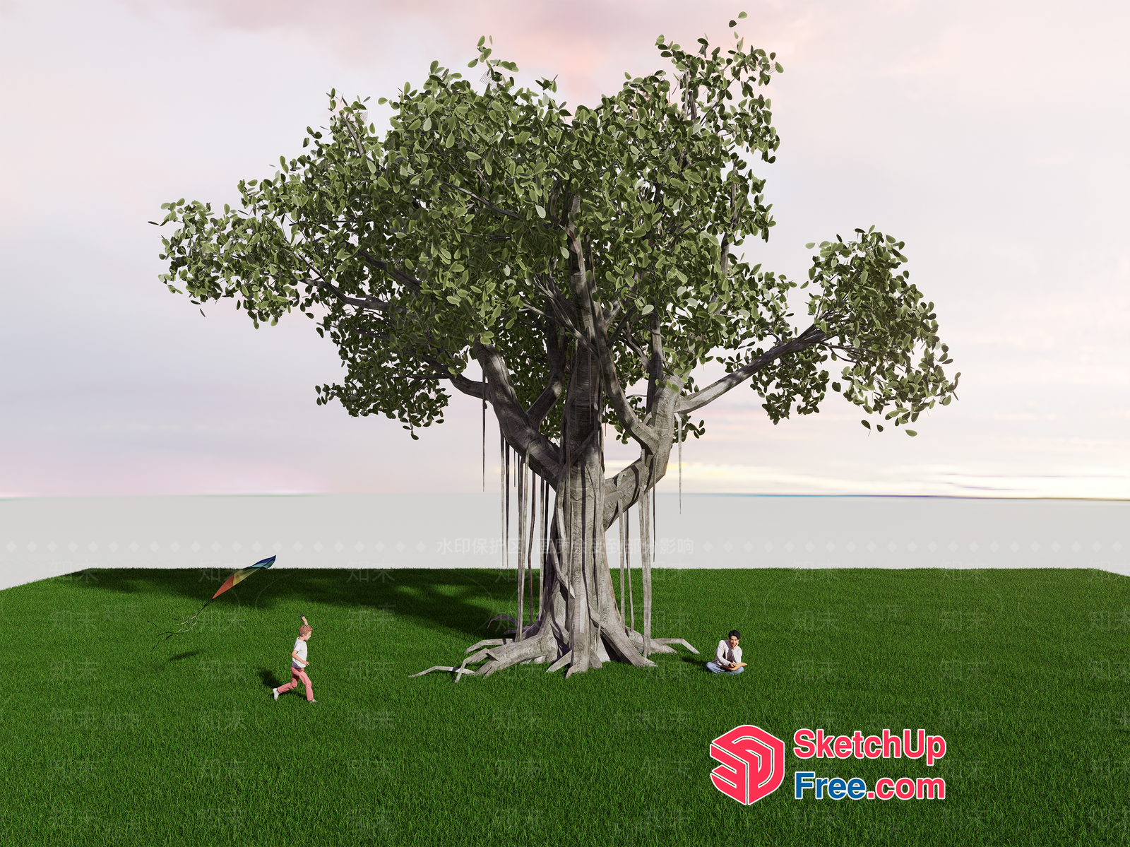 A Serene Scene With A Majestic Tree And Children At Play 3D SketchUp File