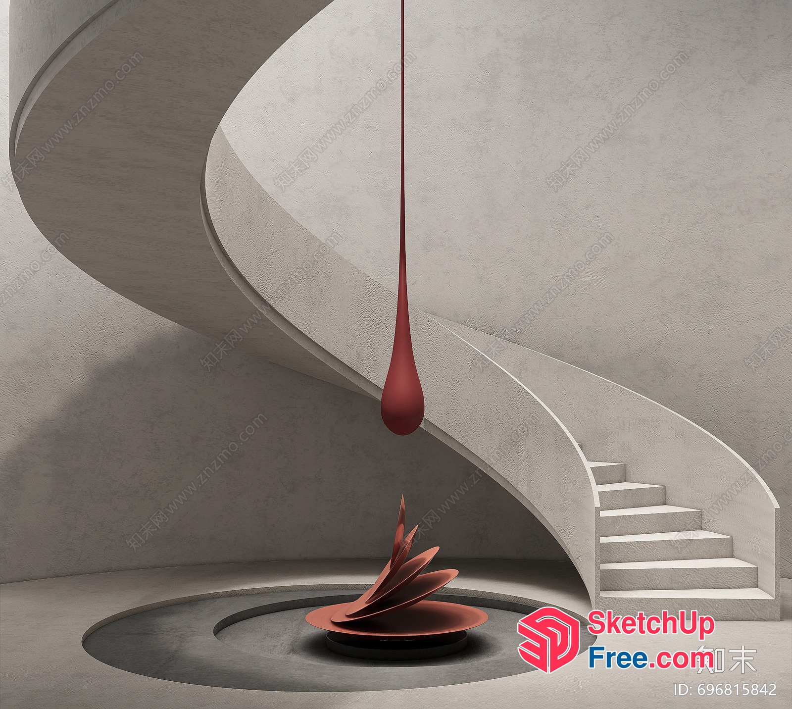 Elegant Staircase With Suspended Red Art Piece 3D SketchUp File