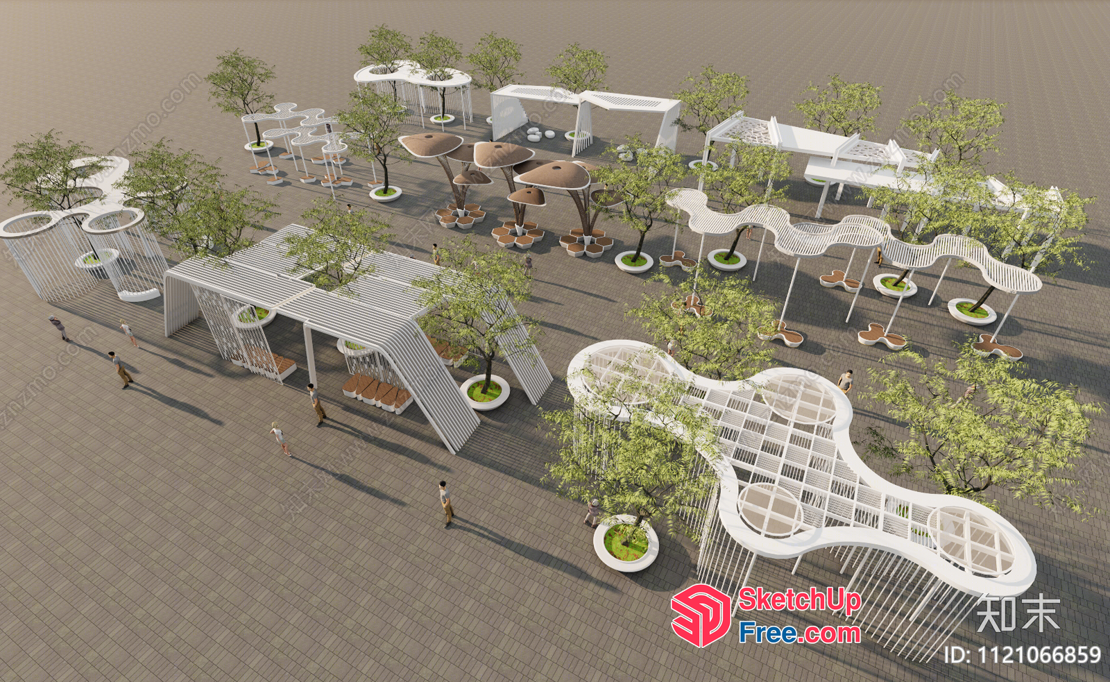 Modern Outdoor Public Space With Unique Tree And Potted Plant Arrangement 3D SketchUp File