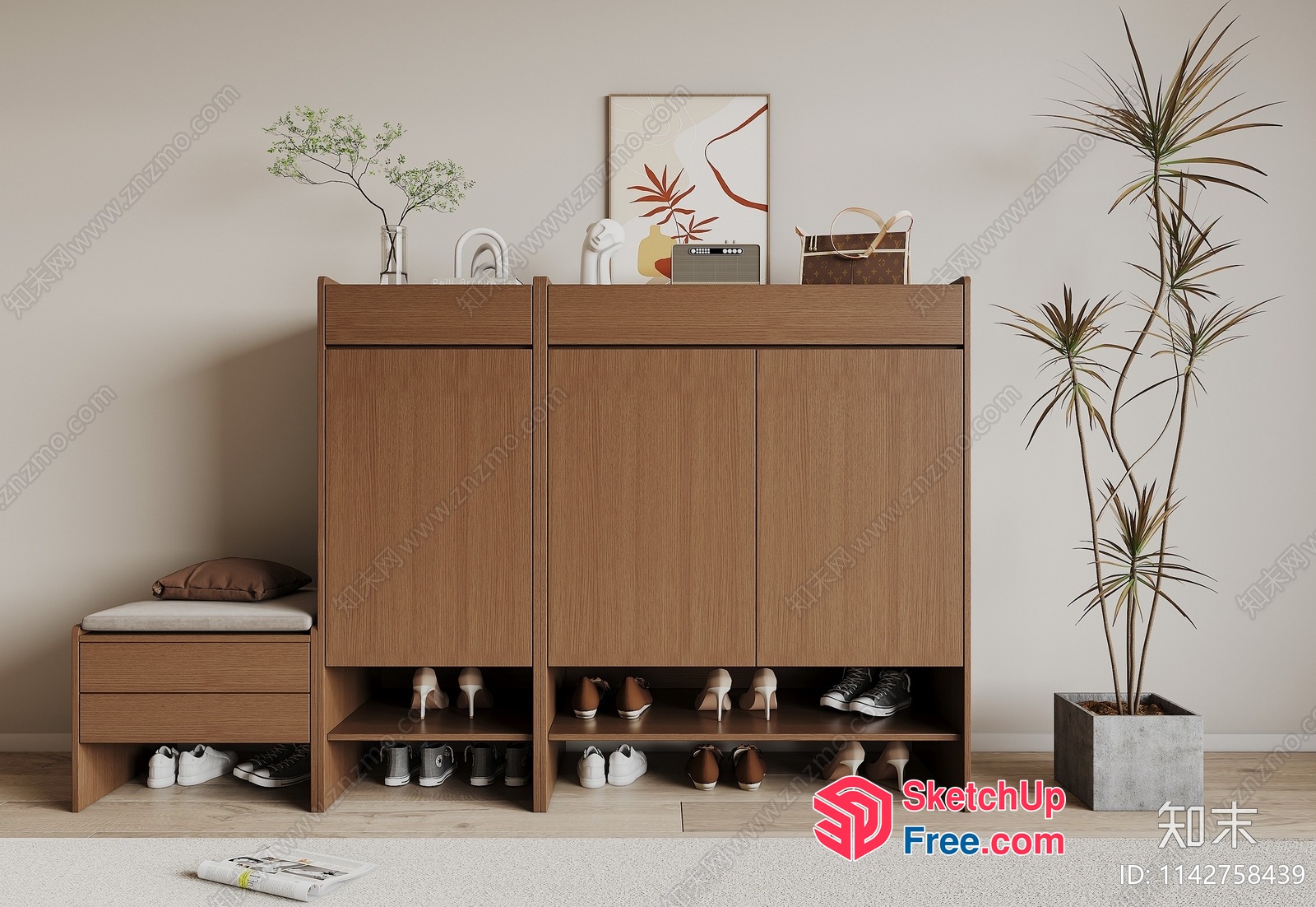 Minimalist Wooden Shoe Cabinet With Bench And Storage 3D SketchUp File