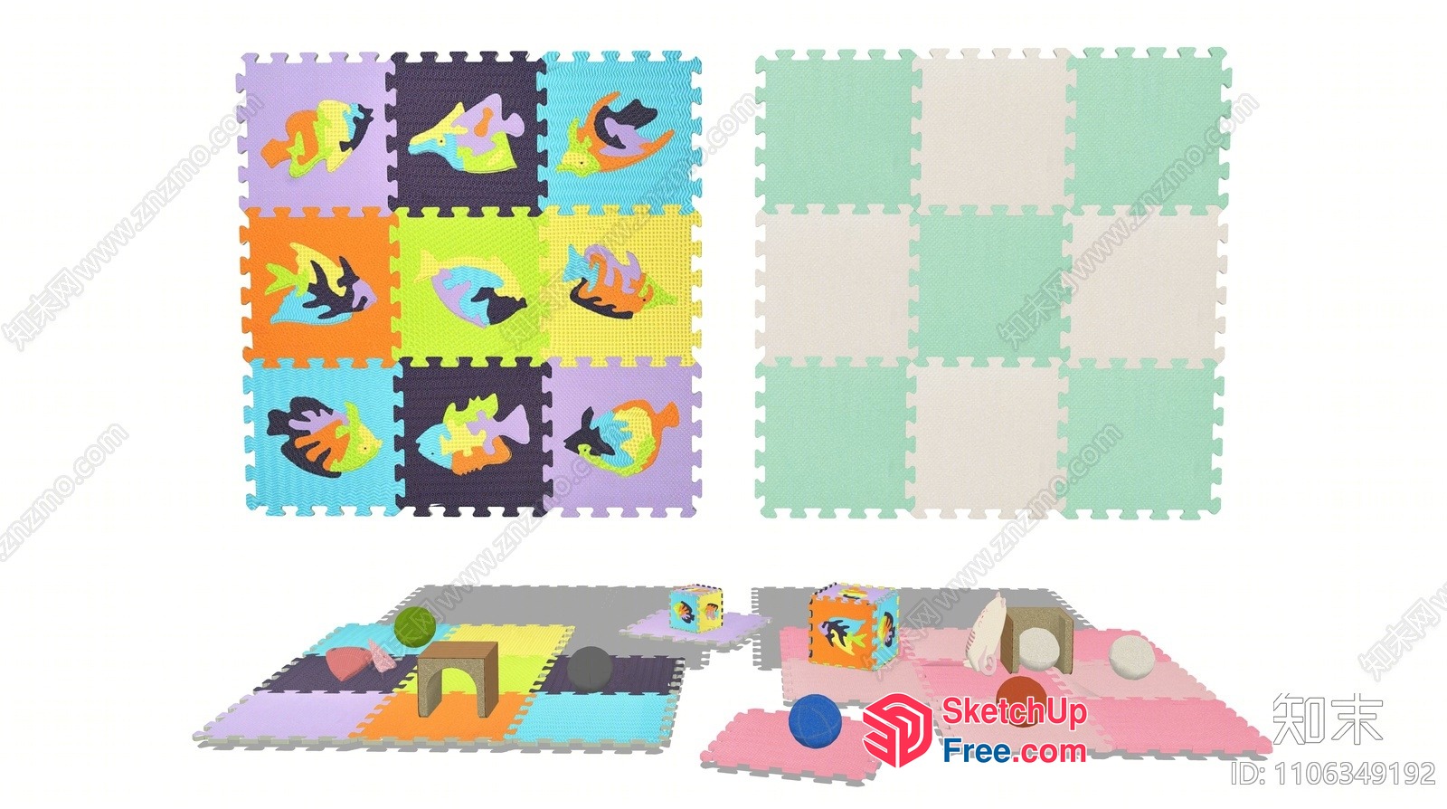 Colorful Puzzle Piece Floor Tiles With Fish And Ball Patterns 3D SketchUp File
