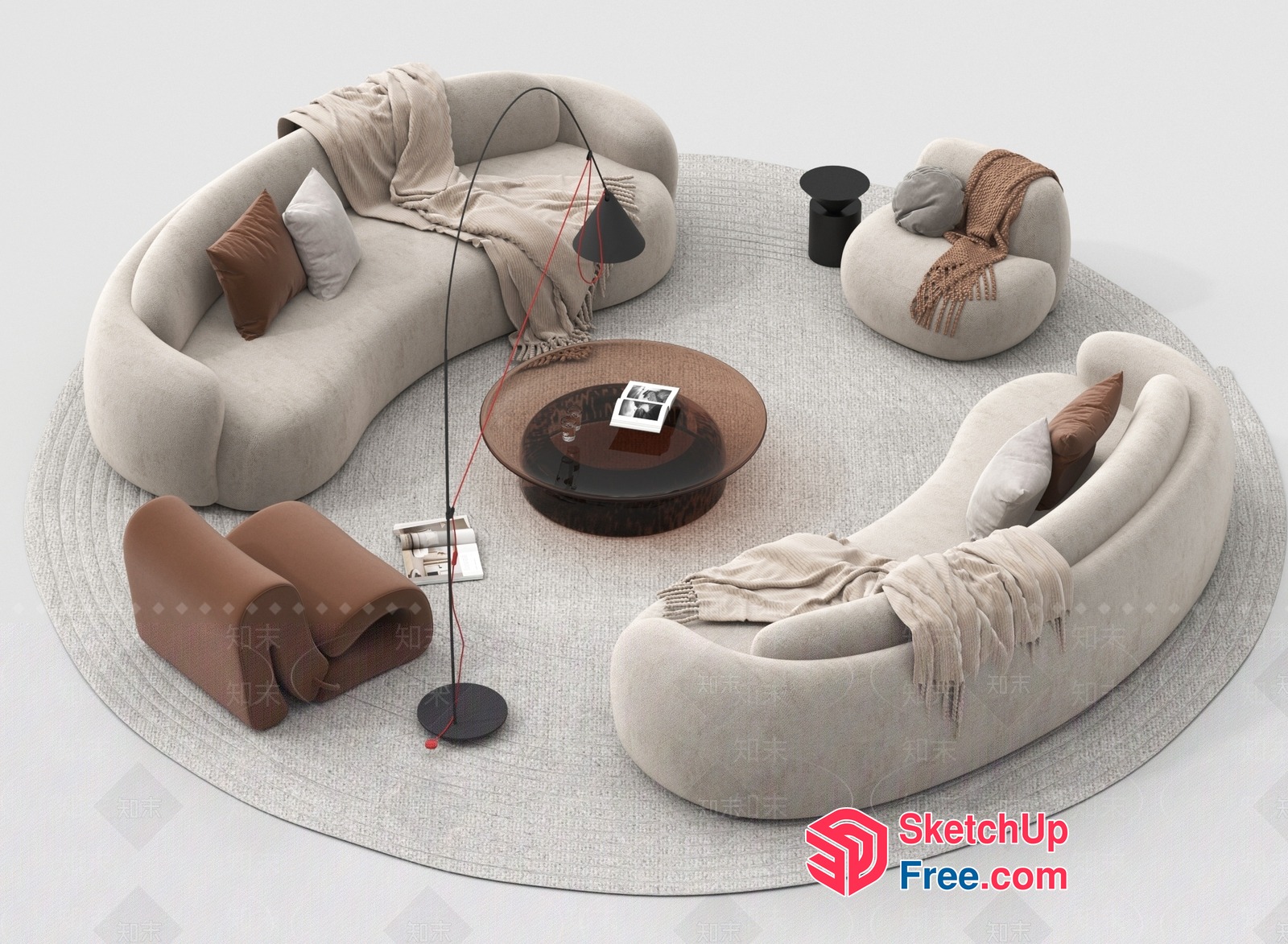 Modern Living Room With Curved Sofas And Round Coffee Table 3D SketchUp File