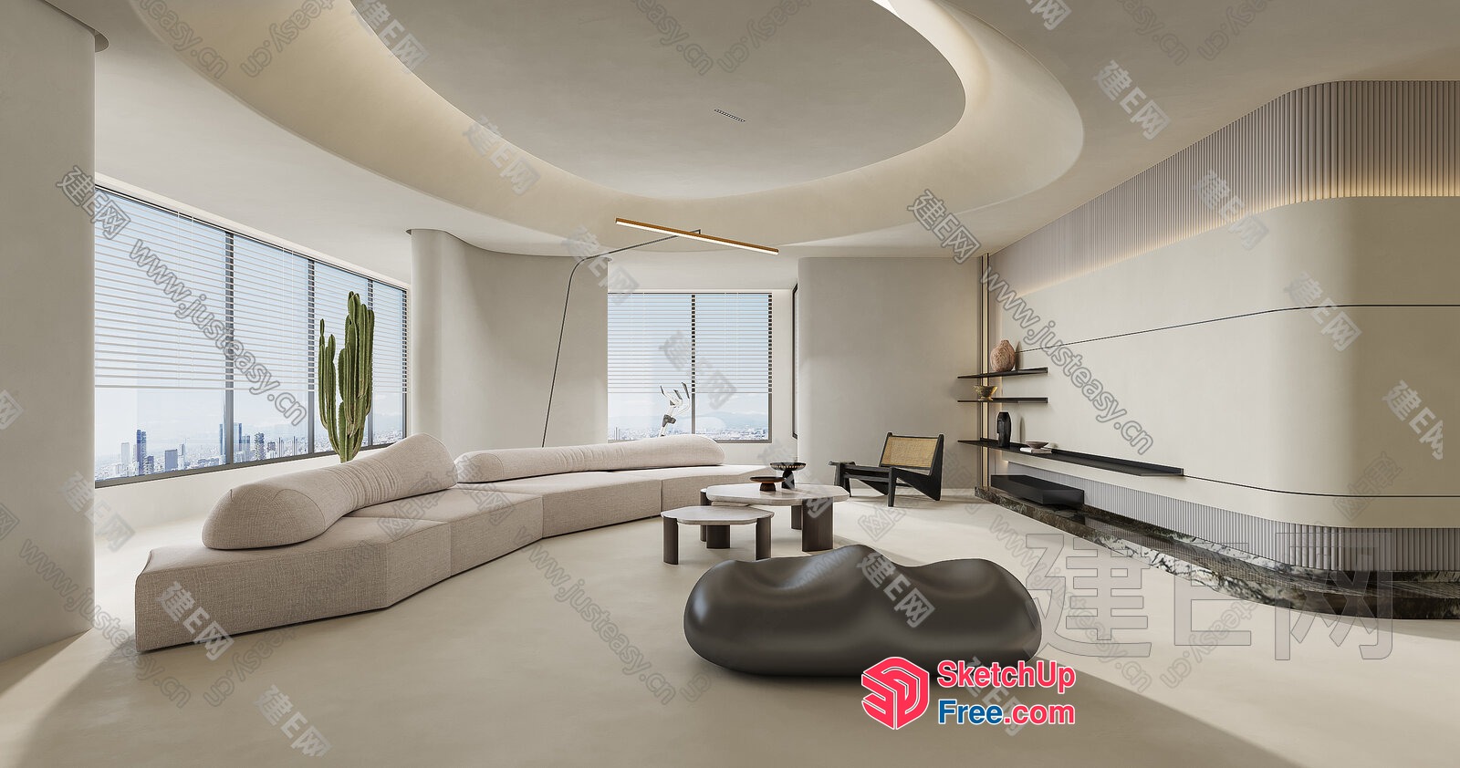 Modern Minimalist Living Room With Curved Lines And Natural Light 3D SketchUp File