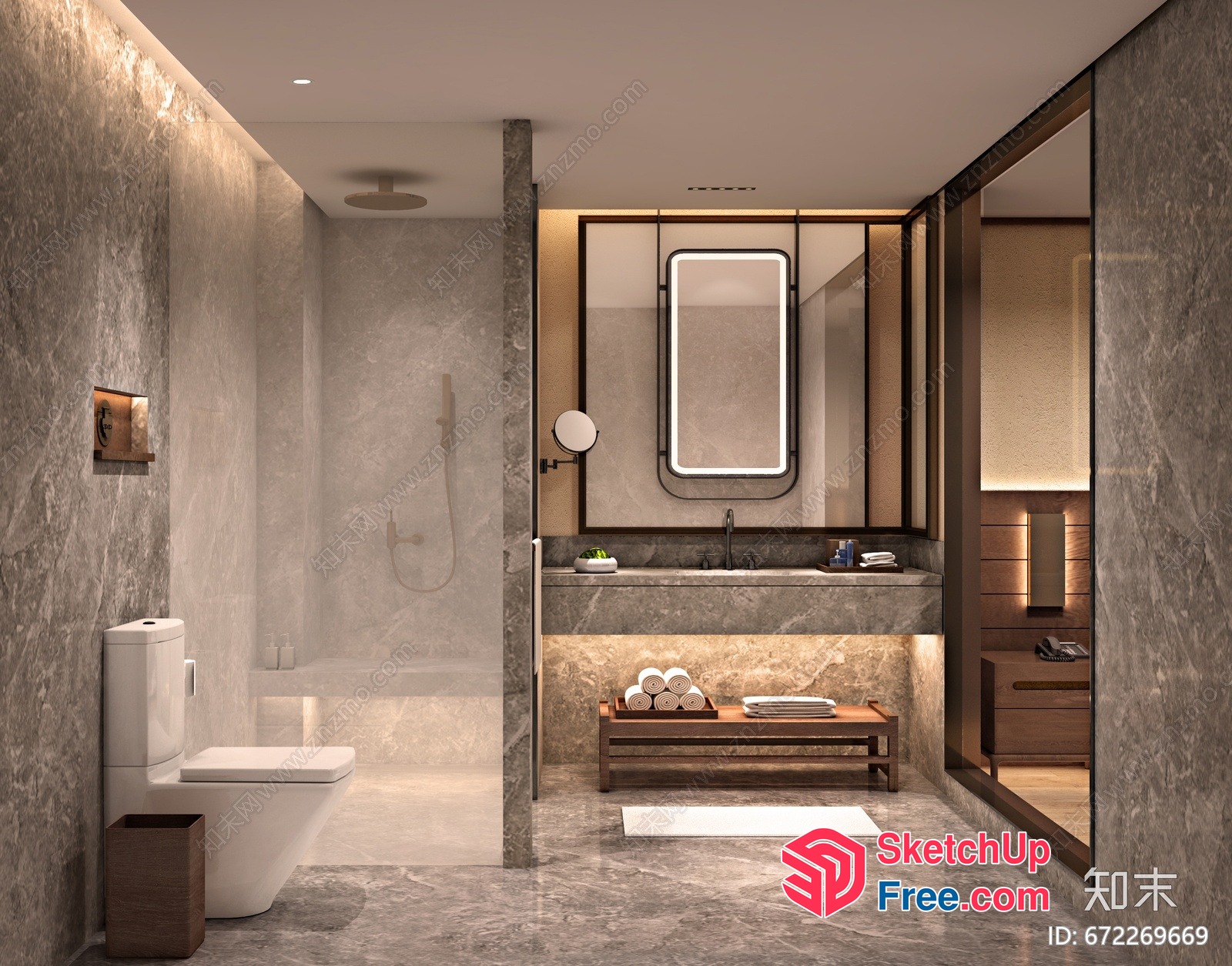 Modern Bathroom Interior With Marble And Wooden Accents 3D SketchUp File