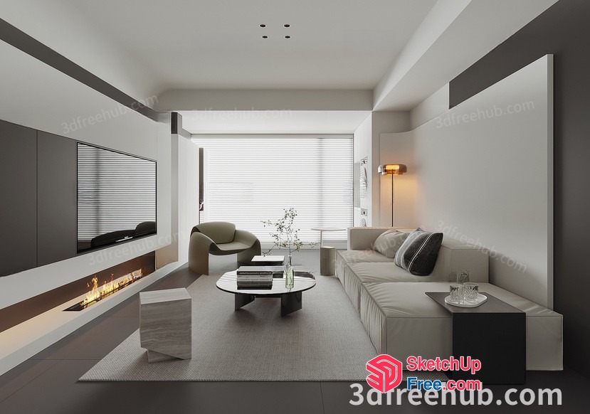 Minimalist Living Room With Fireplace And Modern Furniture 3D SketchUp File