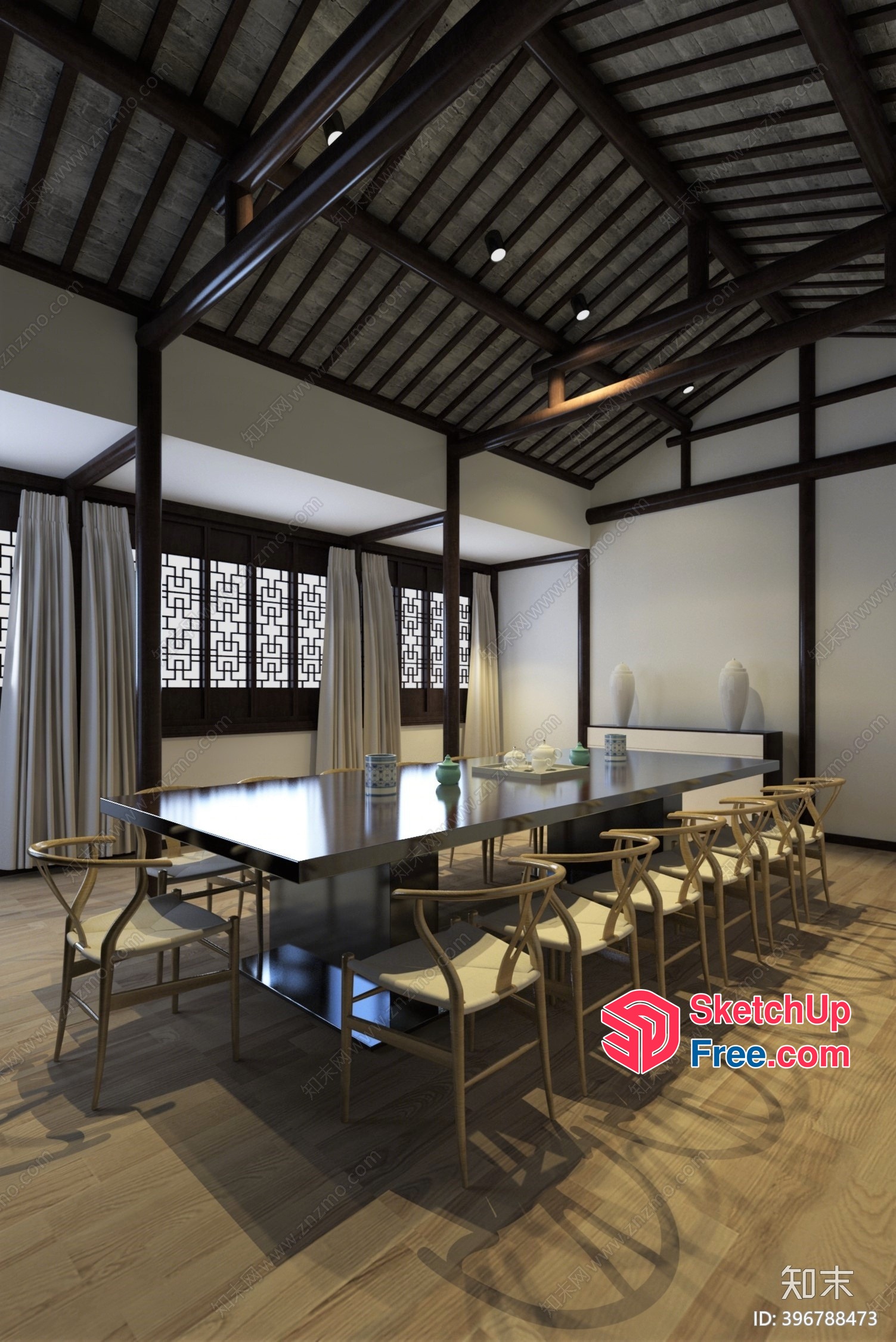 Elegant Japanese-Inspired Dining Room With Traditional Architecture 3D SketchUp File