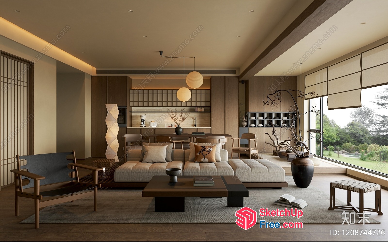 Elegant Modern Living Room With Japanese Decor And Natural Light 3D SketchUp File