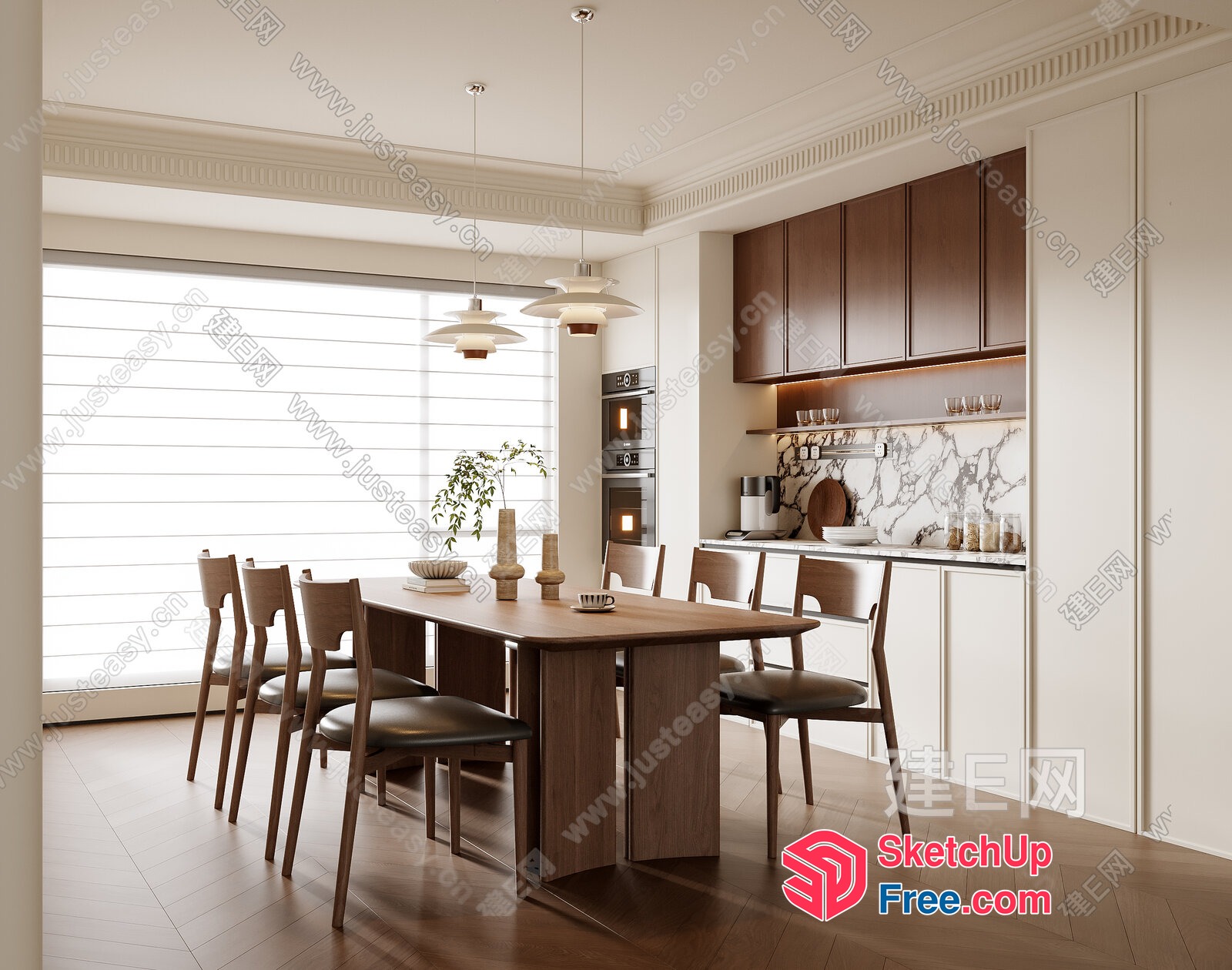Elegant Dining Room With Wood Table And Chairs 3D SketchUp File