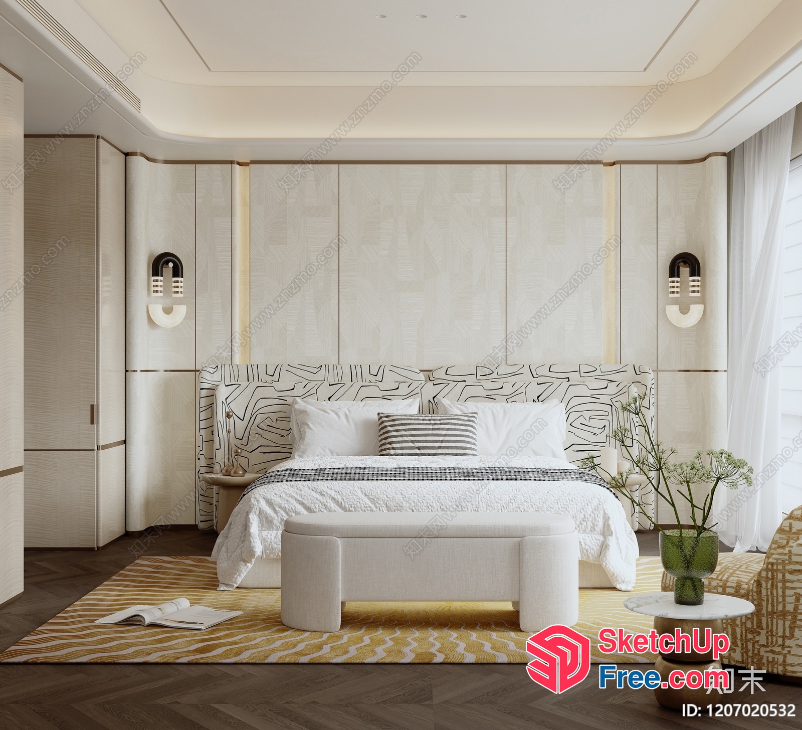 Modern Minimalist Bedroom With Creamy And Gold Accents 3D SketchUp File