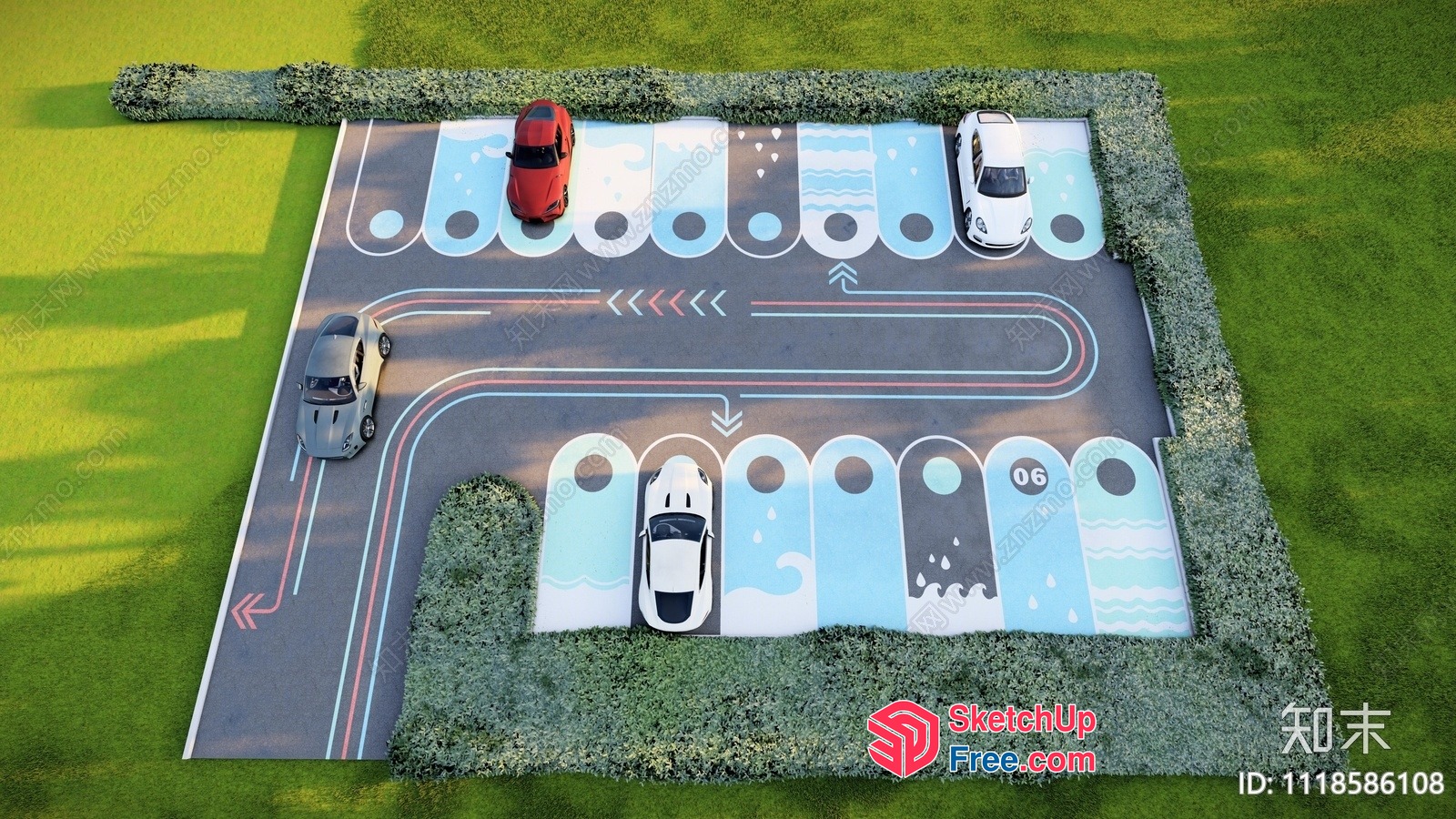 Aerial View Of A Parking Lot With Cars And Decorative Design 3D SketchUp File