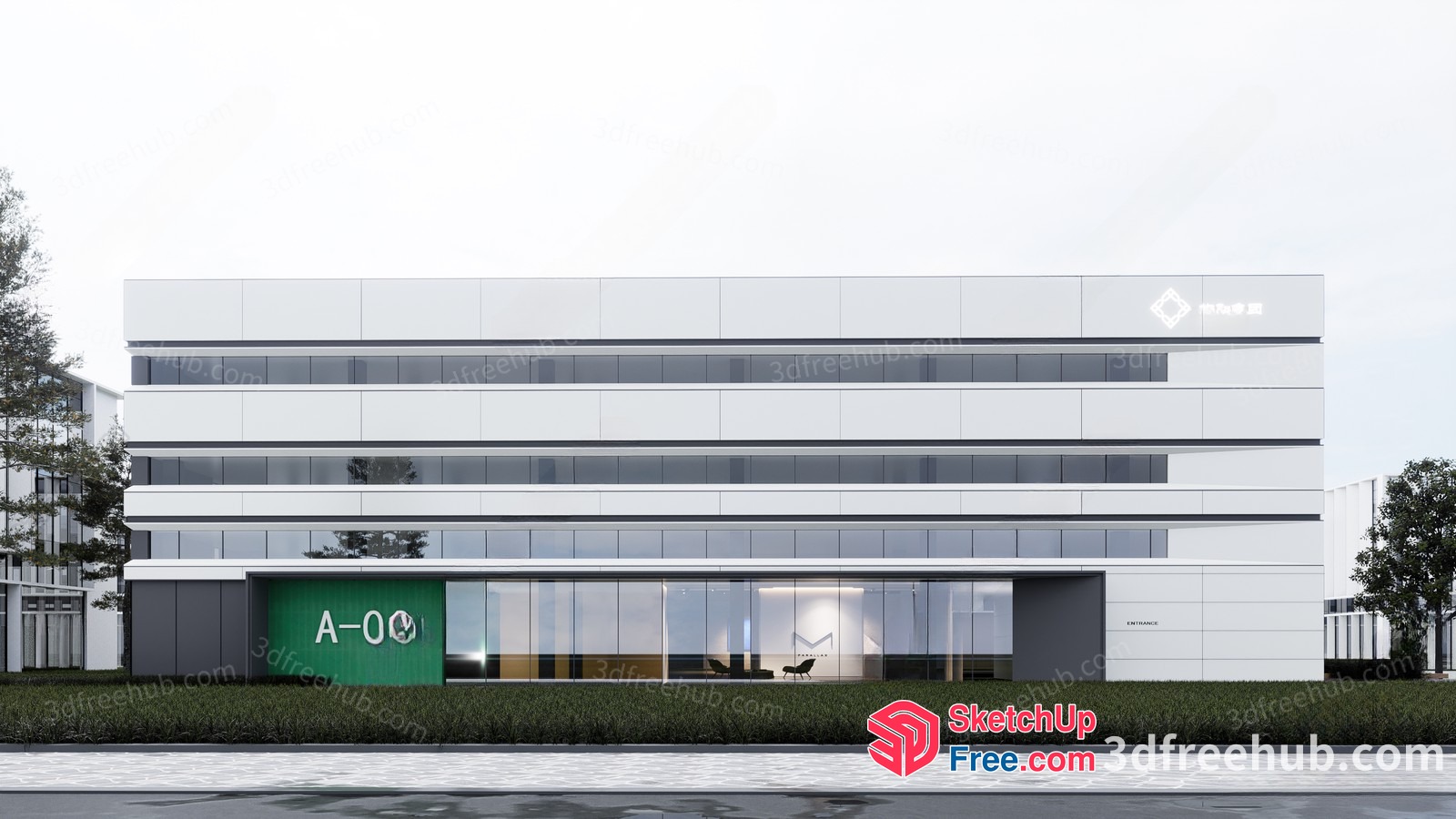 Modern Office Building With Green Accent 3D SketchUp File